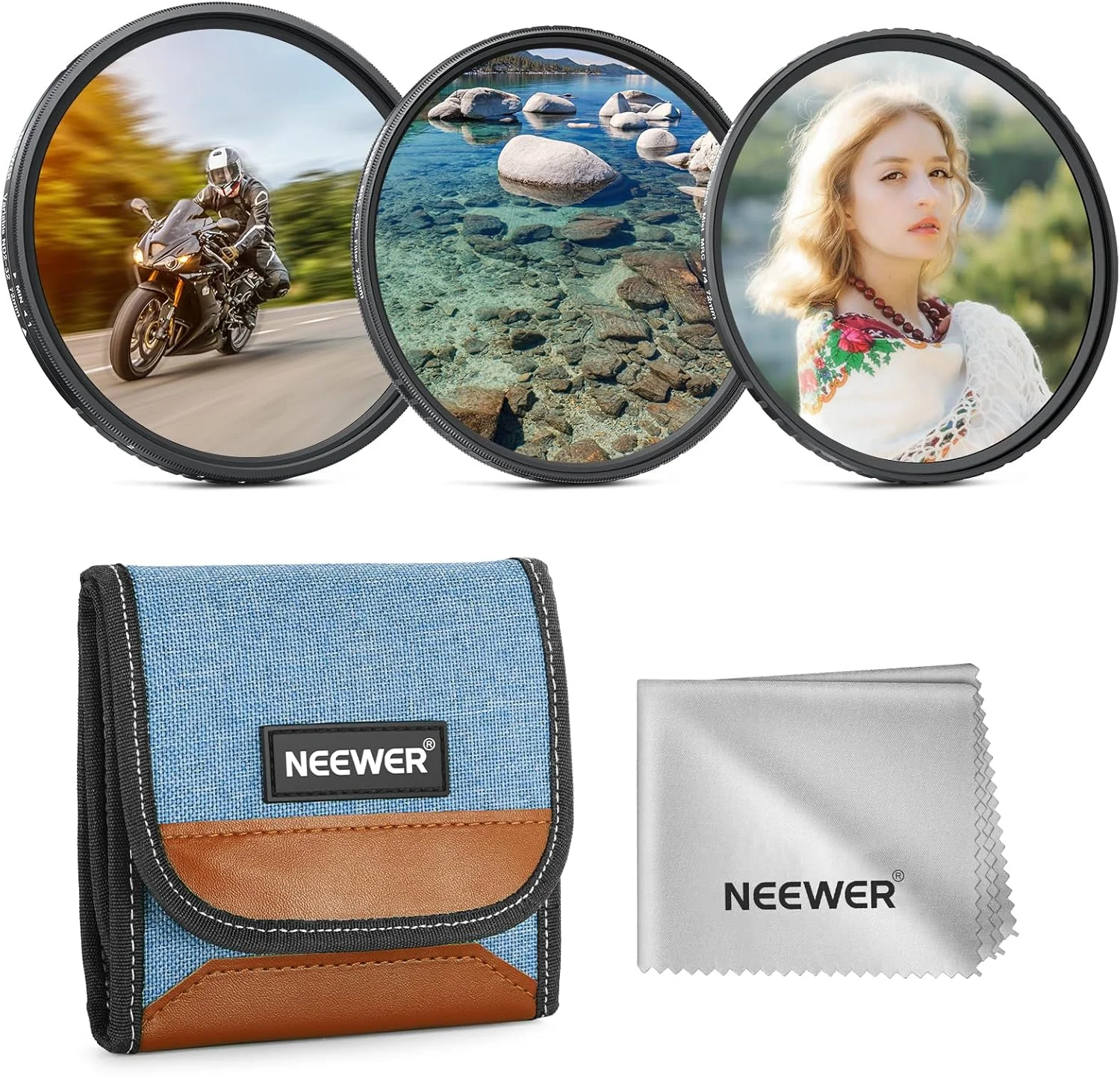 مجموعه فیلتر لنز دوربین نیور 72 میلی‌متری شامل ND2-32 متغیر + CPL + 1/4 Black Mist Diffusion (بسته 3 عددی) با پوشش ضد انعکاس/ضد اثر انگشت، کیف نگهداری، پارچه تمیز کننده