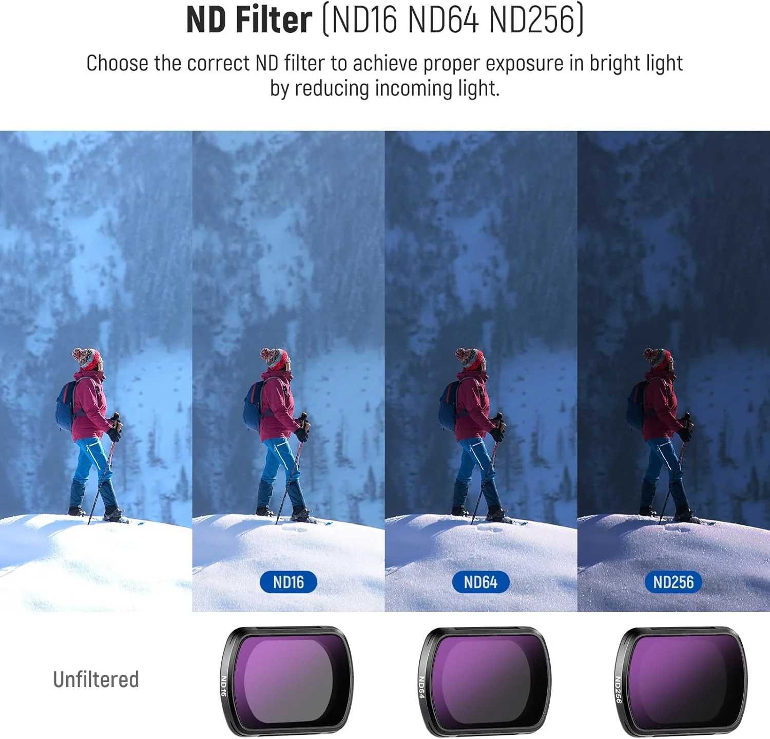 مجموعه فیلتر ND مغناطیسی نیوئر سازگار با لوازم جانبی کمبو DJI Osmo Pocket 3 Creator، بسته 4 عددی فیلتر دوربین اکشن چند لایه HD ND16/ND64/ND256/Black Mist Diffusion 1/4 + 2 عدد دستمال تمیز کننده