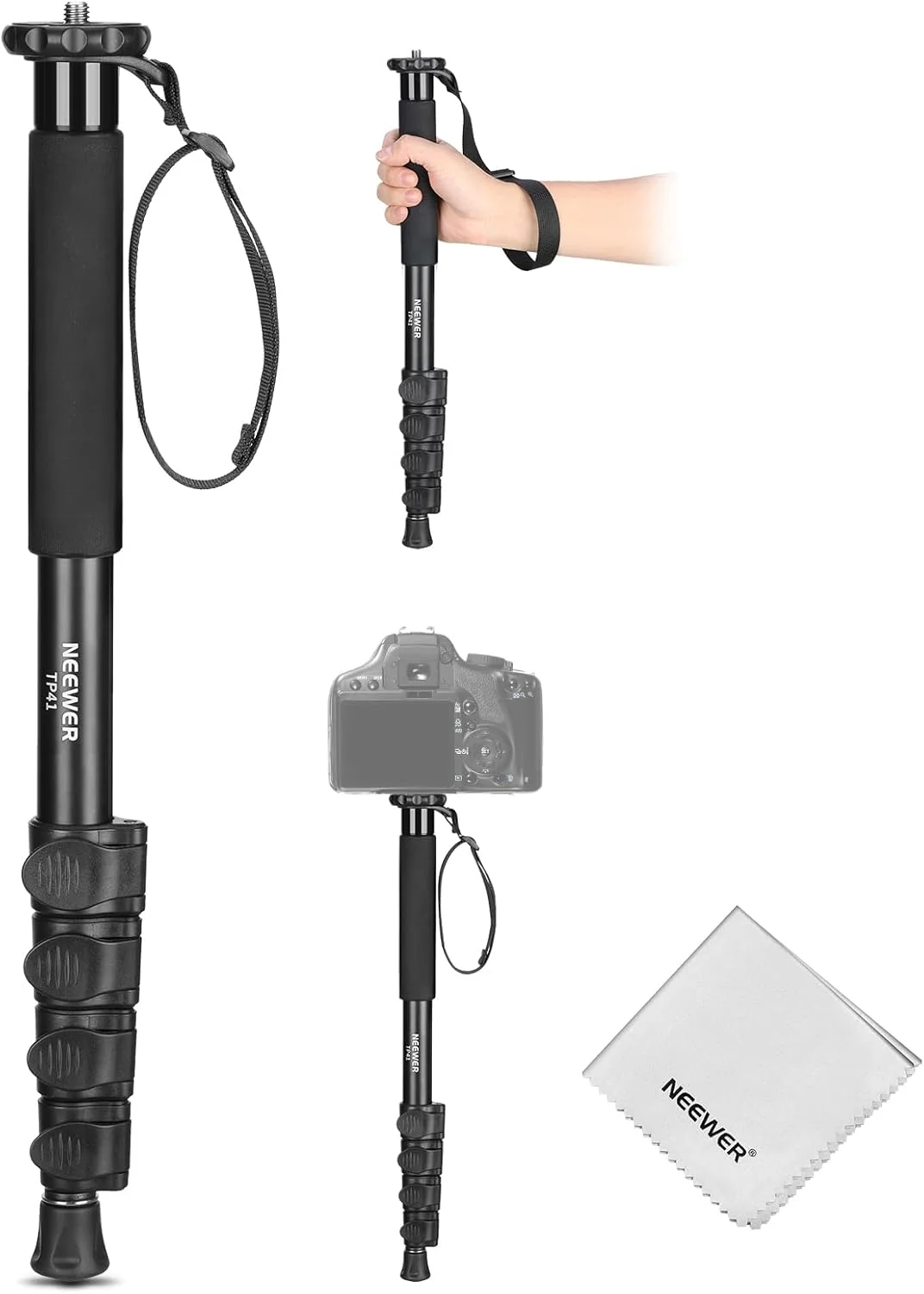تک پایه دوربین آلومینیومی قابل حمل نیوئر مدل TP41، طول 155 سانتی متر، با تبدیل پیچ 1/4 و 3/8 اینچ برای دوربین های DSLR، دوربین فیلمبرداری و لوازم جانبی عکاسی، به همراه دستمال تمیز کننده، حداکثر تحمل وزن 8 کیلوگرم