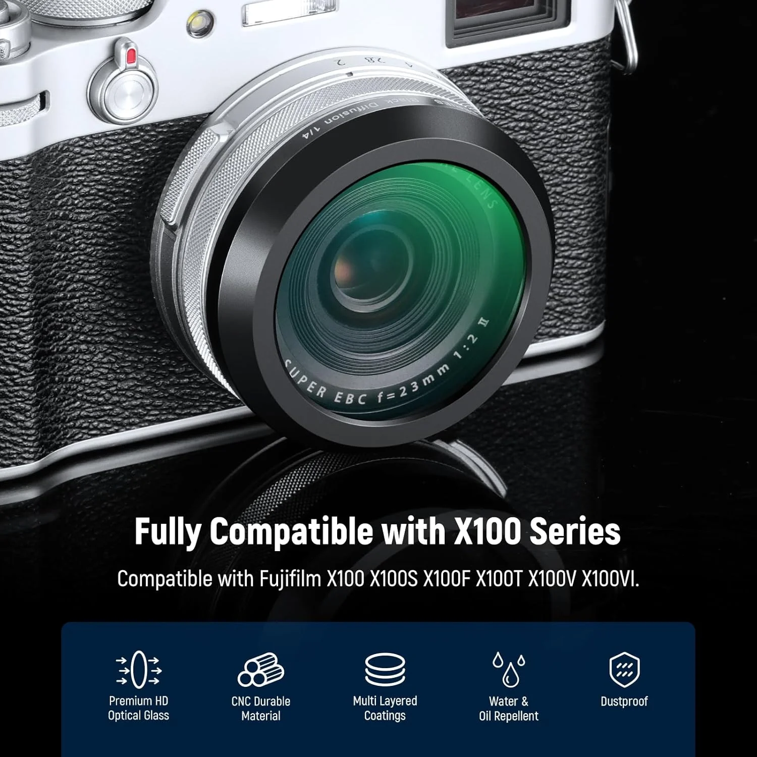 فیلتر دیفیوژن سیاه NEEWER 1/4 با افکت سینمایی رویایی برای دوربین سری X100، شیشه اپتیکال برای دوربین های Fujifilm X100 X100S X100F X100T X100V X100VI (فریم مشکی)