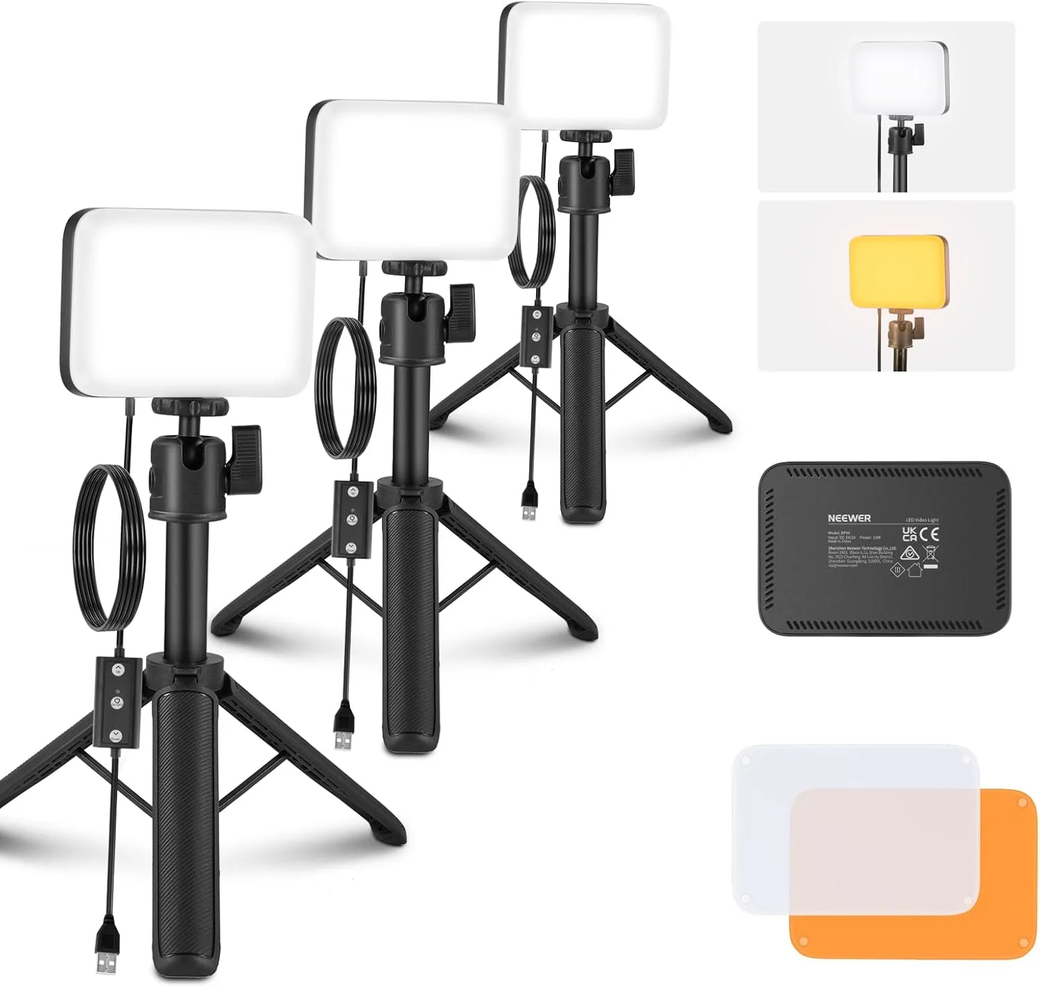 نور پنلی LED رومیزی NEEWER BASICS، کیت نورپردازی کنفرانس ویدیویی با پایه های سه پایه رومیزی/فیلترها برای وب کم، کامپیوتر، زوم، آرایش، ضبط، سلفی، استریمینگ، دو رنگ و دیمر پذیر، BP66