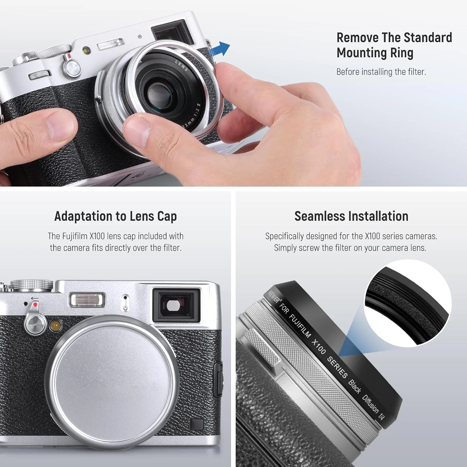 فیلتر دیفیوژن سیاه NEEWER 1/4 با افکت سینمایی رویایی برای دوربین سری X100، شیشه اپتیکال برای دوربین های Fujifilm X100 X100S X100F X100T X100V X100VI (فریم مشکی)