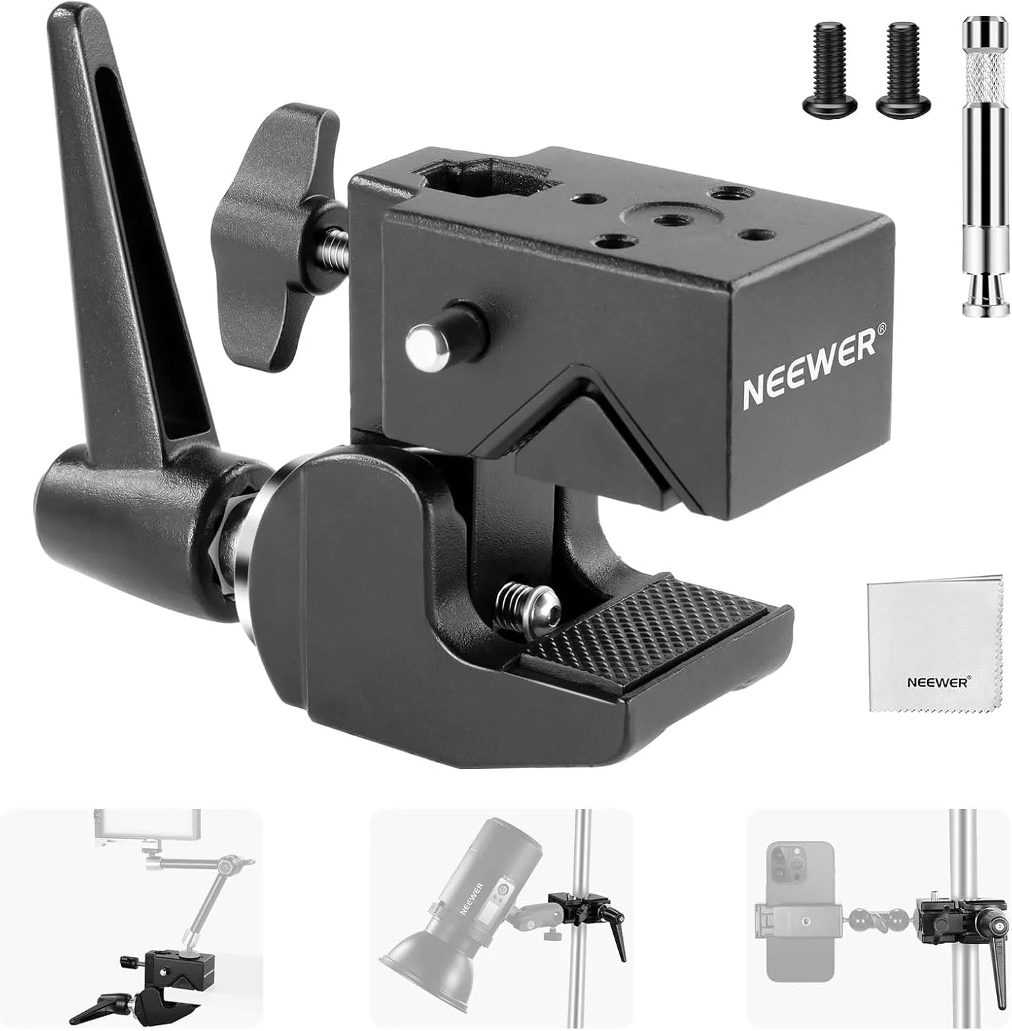 گیره سوپر سنگین NEEWER با حداکثر تحمل وزن 15 کیلوگرم، گیره خرچنگی 2.4 اینچی برای میله گرد و سطح صاف به همراه پیچ 5/8 اینچی / قفل فنری / دستمال تمیز کننده برای نور دوربین عکاسی استودیویی