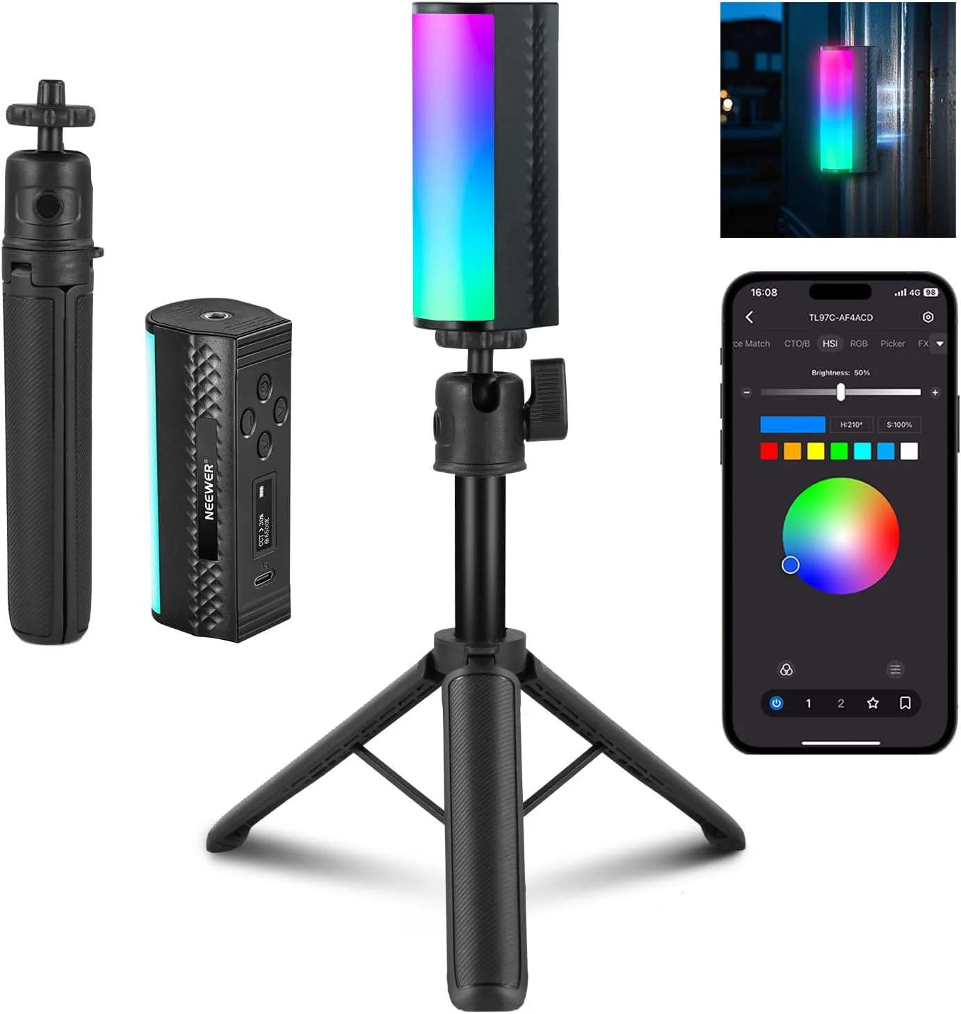 عصای نور مغناطیسی دستی NEEWER با سه پایه رومیزی، 17 صحنه، کنترل برنامه 360 درجه RGB کامل مینی LED، دمای رنگی 2500K-8500K با قابلیت تنظیم، CRI97 برای عکاسی، ولاگ، TikTok، باتری 2550mAh، مدل TL97C