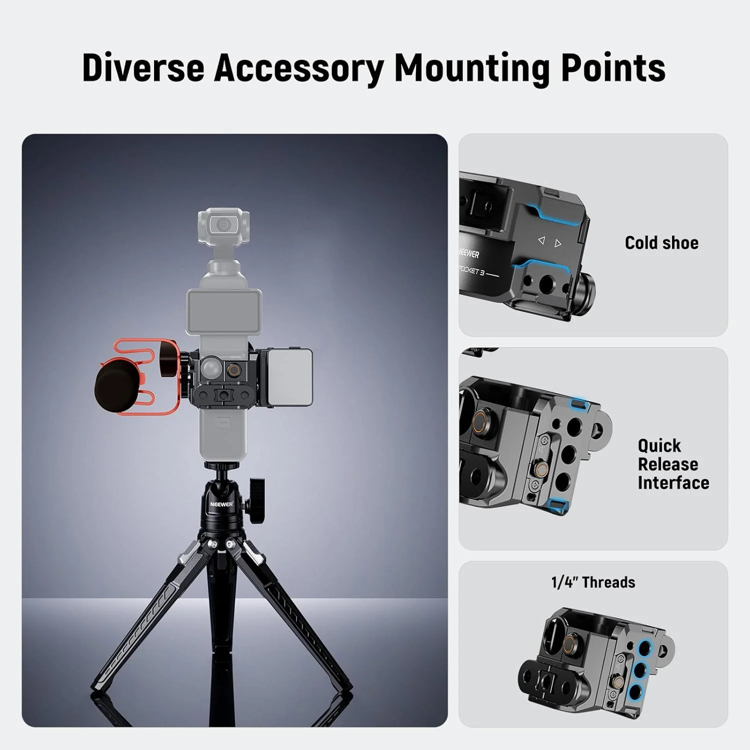 محافظ و آداپتور دوربین اکشن NEEWER Pocket 3 سازگار با DJI Osmo Pocket 3 و Action 2 Magnetic Mount، ریگ گیمبال آلیاژ آلومینیوم با رزوه ¼ اینچ و کفشک سرد برای توسعه لوازم جانبی، AC009 PRO