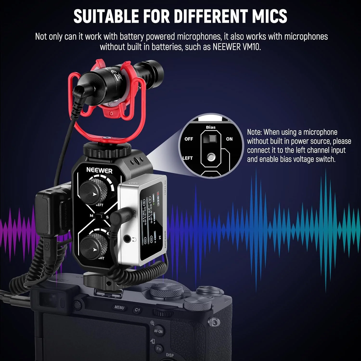آداپتور میکسر صوتی دو کاناله میکروفون NEEWER MM02 با کابل TRS 3.5 میلی متری، سوئیچ استریو و مونو، مانت کفشک سرد برای دوربین های DSLR، تلفن های هوشمند، گیرنده میکروفون بی سیم، ضبط ویدیو
