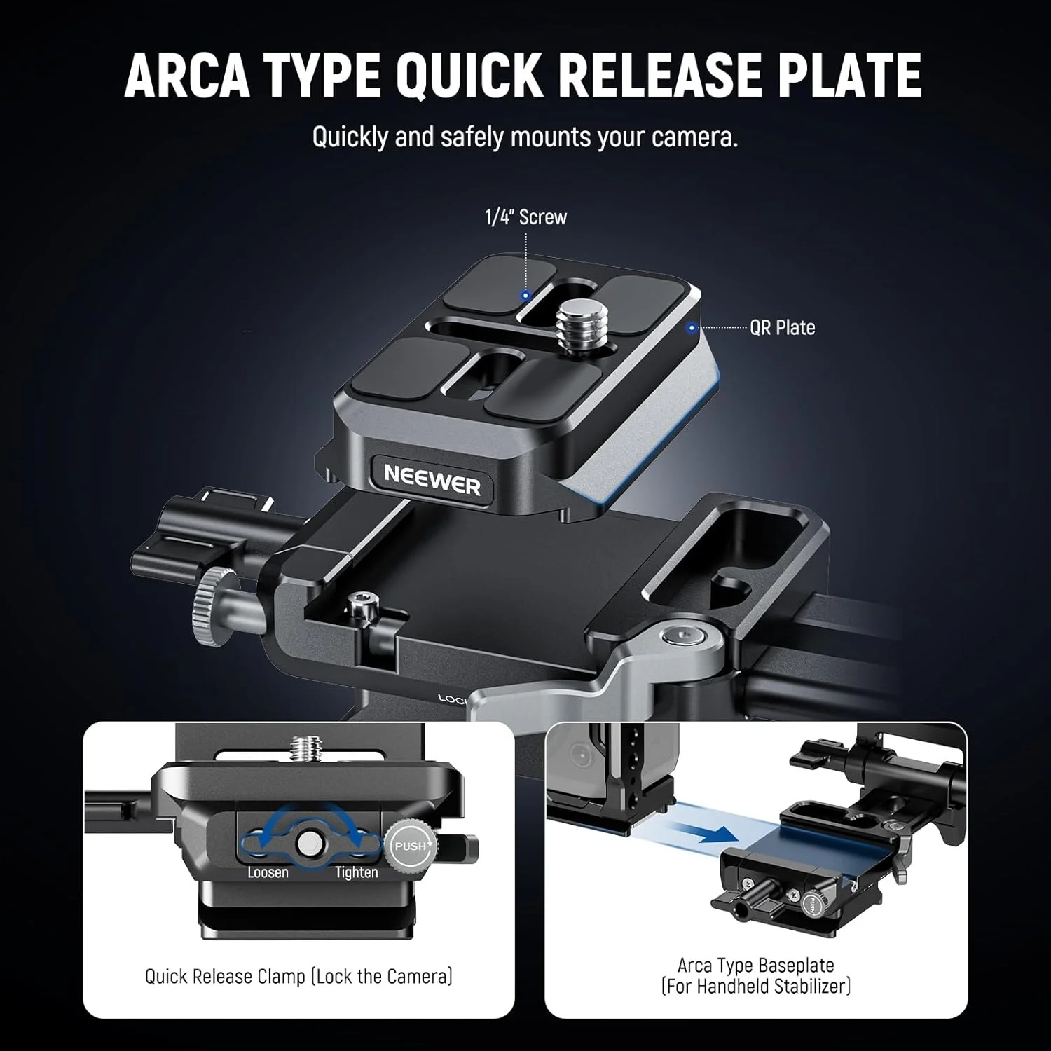 صفحه باتری V-Mount مدل NEEWER PS015 PRO با صفحه رهاسازی سریع Arca Type و پارچه تمیز کننده، آداپتور نصب تاشو V Lock مدل PS099E سازگار با گیمبال DJI RS4 RS3 و قفس دوربین و تجهیزات ویدئویی
