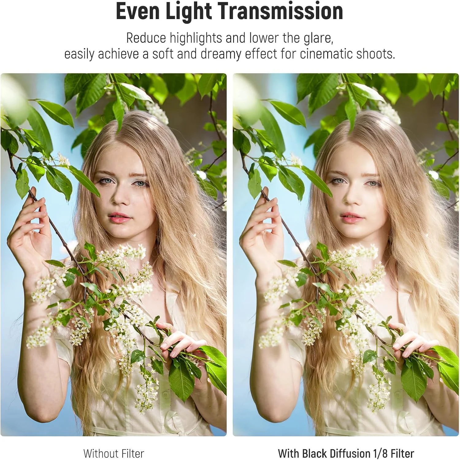 فیلتر دیفیوزر سیاه 52 میلی‌متری نیور 1/8، ایجاد کننده افکت سینمایی نرم و رویایی، شیشه اپتیکال فوق‌العاده باریک، مقاوم در برابر آب و خش، پوشش نانو چندگانه برای عکاسی پرتره، ویدیو و ولاگ