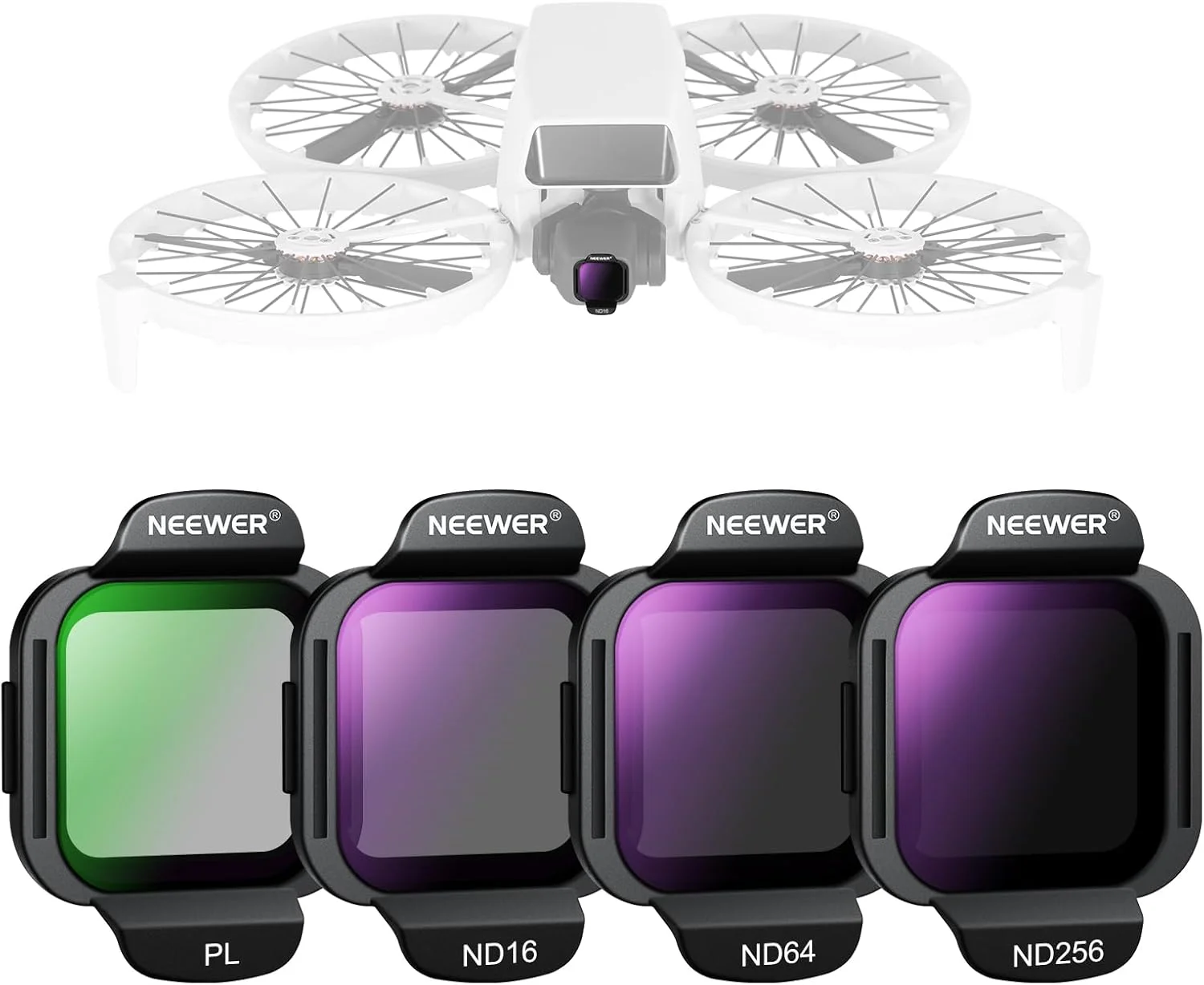 مجموعه فیلتر ND نیور سازگار با DJI Flip Drone، بسته 4 عددی ND16 ND64 ND256 PL، فیلتر پلاریزه کاهنده نور شیشه ای اپتیکال HD چند لایه با نصب آسان مدل FL-N33