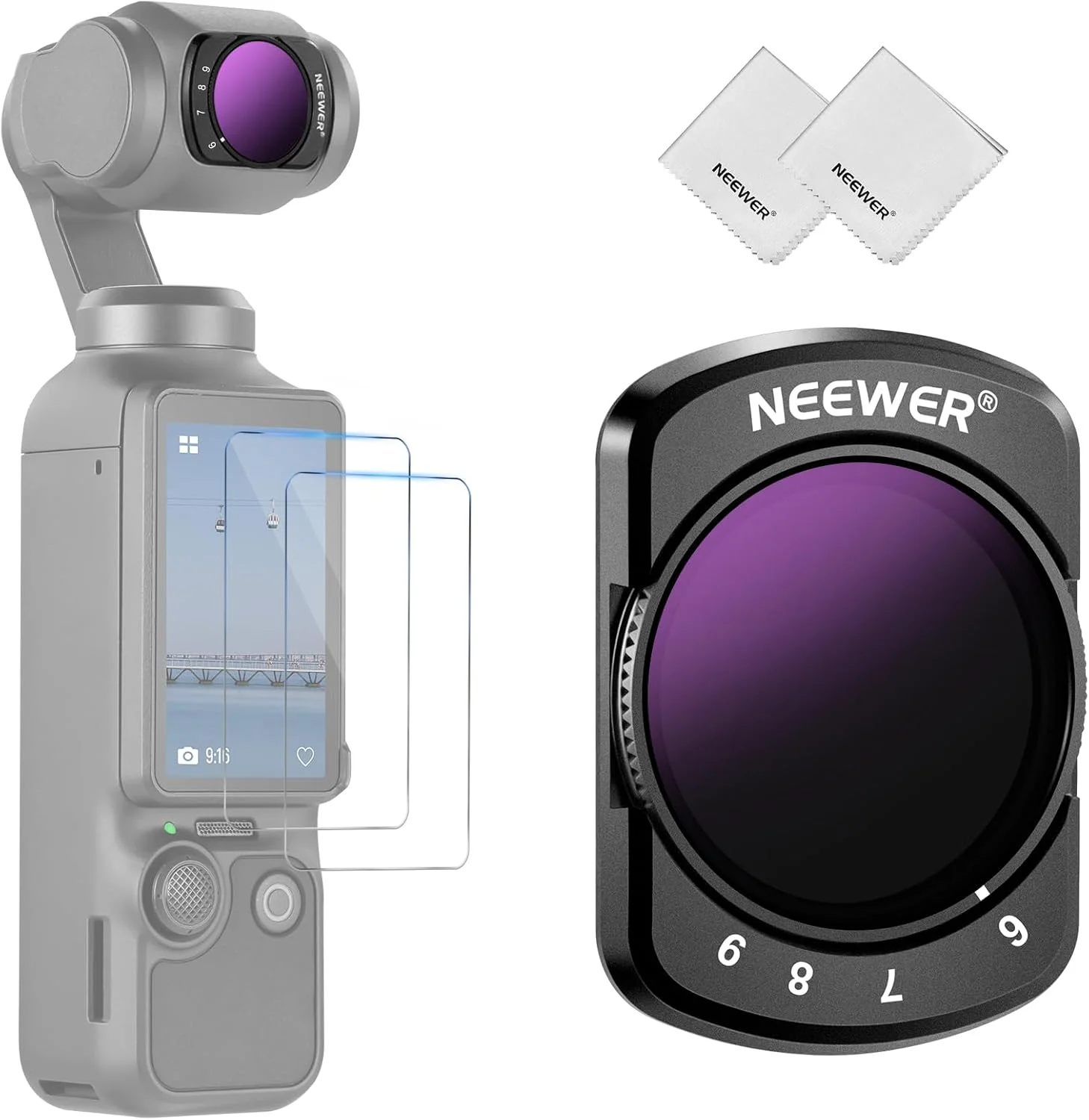 فیلتر ND متغیر نیوئر سازگار با لوازم جانبی DJI Osmo Pocket 3 Creator Combo، فیلتر کاهنده نور مغناطیسی ND64-512 با قابلیت تنظیم 6-9 استاپ به همراه 2 عدد محافظ صفحه نمایش و 2 عدد دستمال تمیز کننده