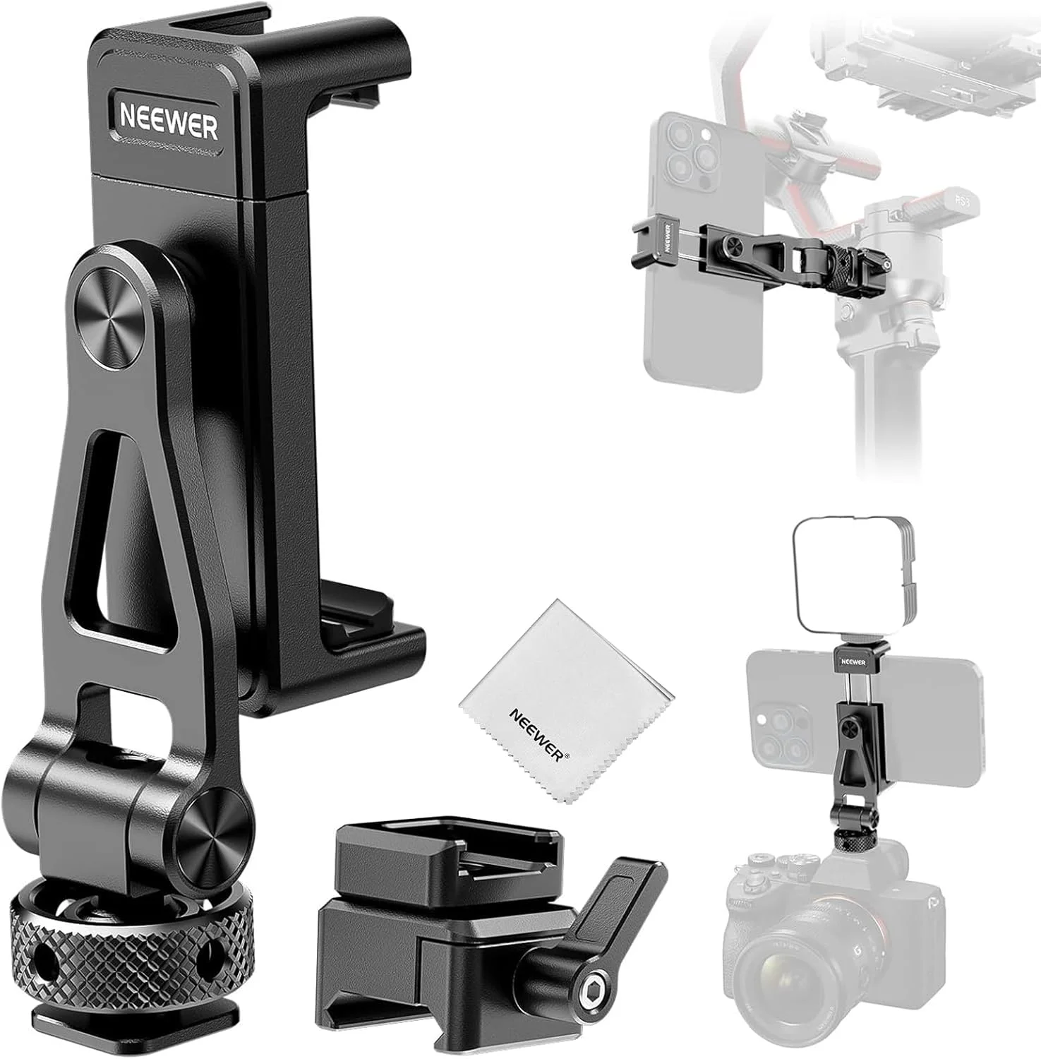 نگهدارنده سه پایه گوشی نیور با گیره ناتو، کفشک سرد، چرخش 180 درجه، چرخش 360 درجه، پارچه تمیز کننده، گیره فلزی قابل تنظیم گوشی سازگار با قفس SmallRig آیفون 16 S24 Ultra DJI RS4، GA010