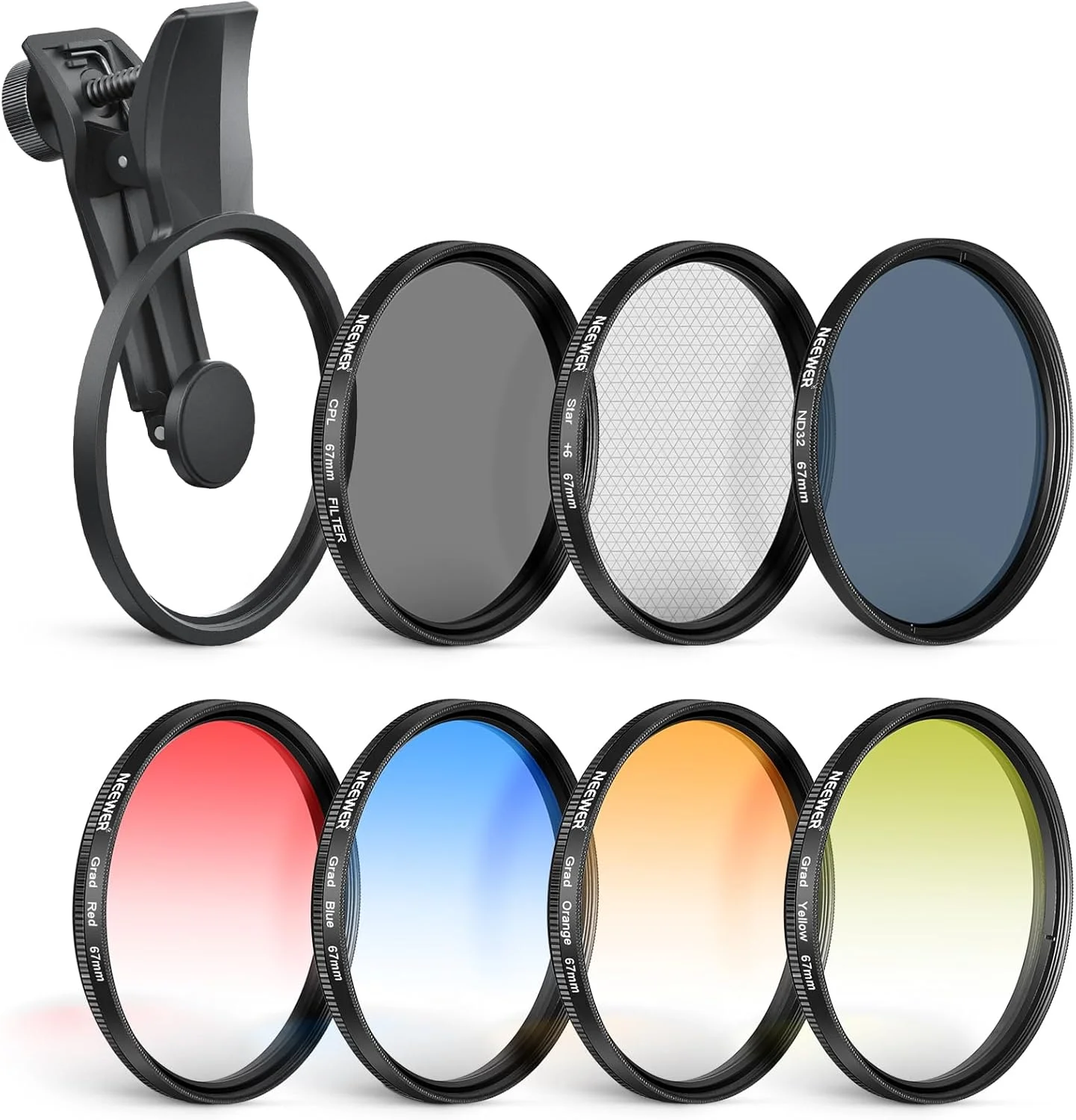 مجموعه فیلتر ND هفت عددی 67 میلی‌متری NEEWER سازگار با گوشی‌های اندروید سامسونگ گوگل هواوی شیائومی، گیره CPL+ ND32 + Starlight + GND (قرمز/نارنجی/زرد/آبی)، کیت لوازم جانبی عکاسی با کیف، FL-P14