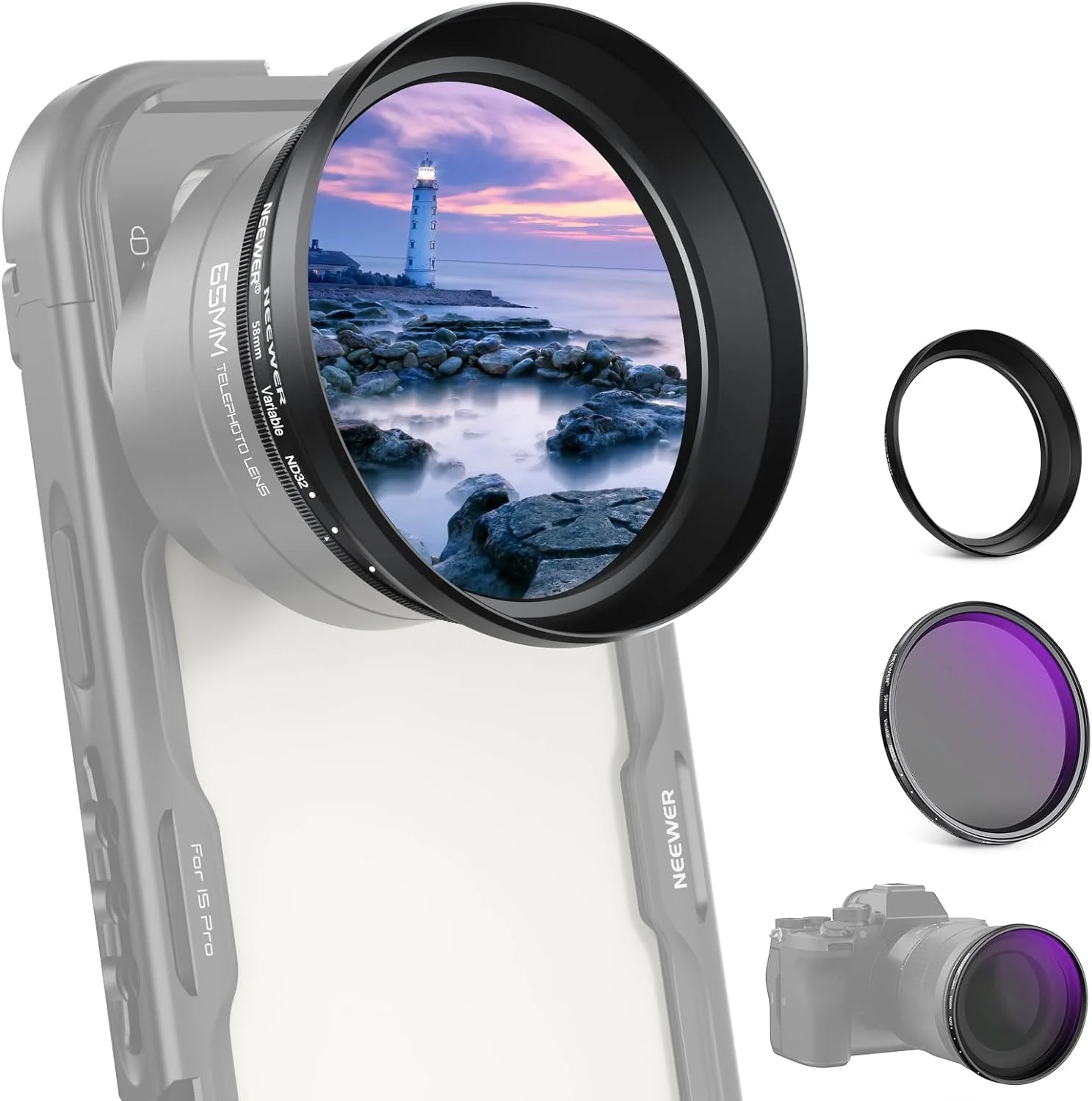 فیلتر ND متغیر 58 میلی‌متری NEEWER با هود لنز 62 میلی‌متری، فیلتر کاهنده نور ND2-32 1-5 استاپ قابل تنظیم برای لنز تله‌فوتو 65 میلی‌متری NEEWER و لنز دوربین 58 میلی‌متری، FL-105