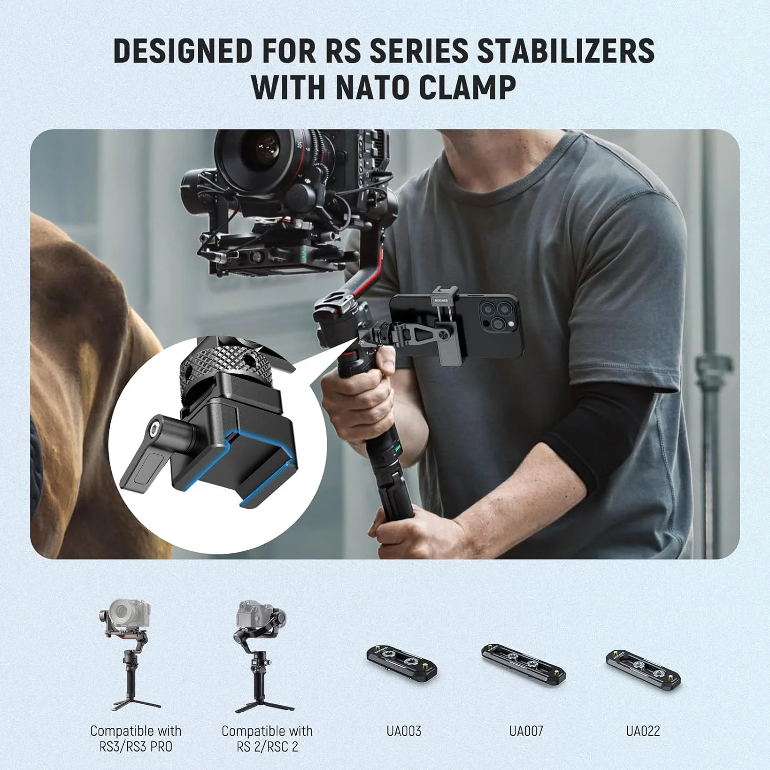 نگهدارنده سه پایه گوشی نیور با گیره ناتو، کفشک سرد، چرخش 180 درجه، چرخش 360 درجه، پارچه تمیز کننده، گیره فلزی قابل تنظیم گوشی سازگار با قفس SmallRig آیفون 16 S24 Ultra DJI RS4، GA010