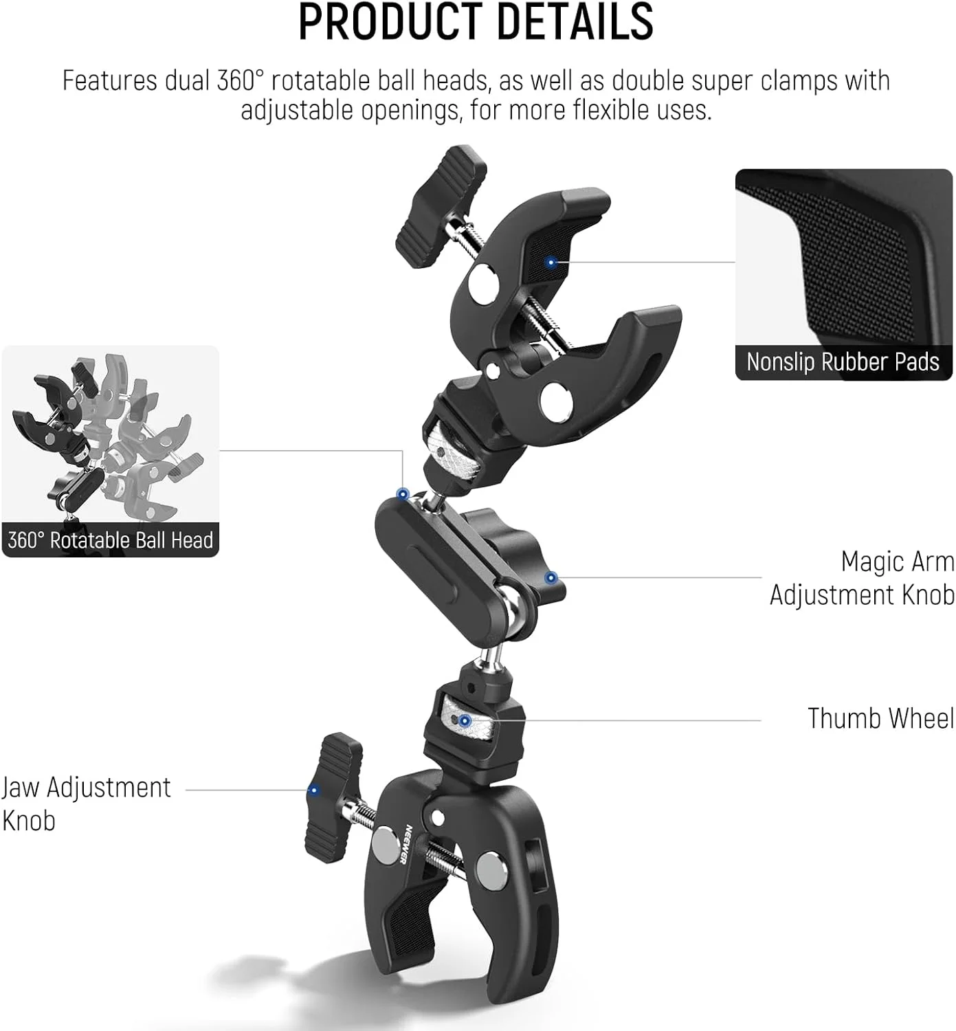 نگهدارنده دوربین گیره ای دوبل Neewer با بازوی جادویی، رابط NATO، کفشک سرد، سوراخ های ¼ اینچی برای ARRI، پایه نورپردازی استودیویی رومیزی، میله متقاطع، نگهدارنده چتر، مدل UA060
