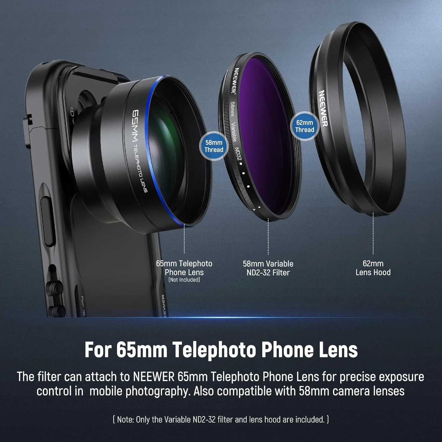 فیلتر ND متغیر 58 میلی‌متری NEEWER با هود لنز 62 میلی‌متری، فیلتر کاهنده نور ND2-32 1-5 استاپ قابل تنظیم برای لنز تله‌فوتو 65 میلی‌متری NEEWER و لنز دوربین 58 میلی‌متری، FL-105