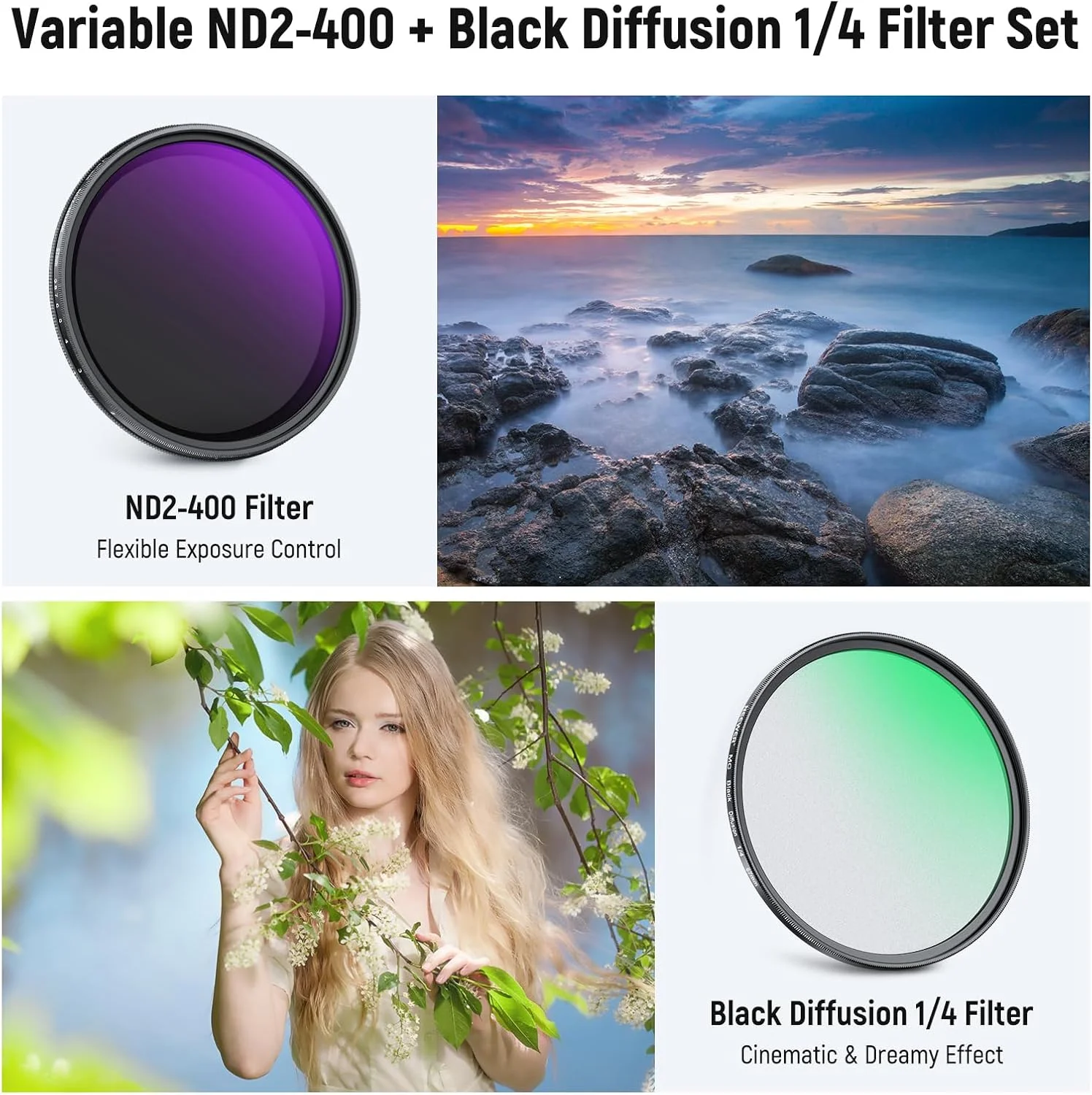مجموعه فیلتر ND متغیر 67 میلیمتری و Black Diffusion 1/4 نیور، بسته 2 عددی فیلترهای شیشه ای اپتیکال چند لایه با چگالی خنثی ND2-400 و جلوه سینمایی رویایی نرم برای لنز دوربین مجموعه فیلتر ND متغیر 67 میلیمتری و Black Diffusion 1/4 نیور، بسته 2 عددی فیلترهای شیشه ای اپتیکال چند لایه با چگالی خنثی ND2-400 و جلوه سینمایی رویایی نرم برای لنز دوربین