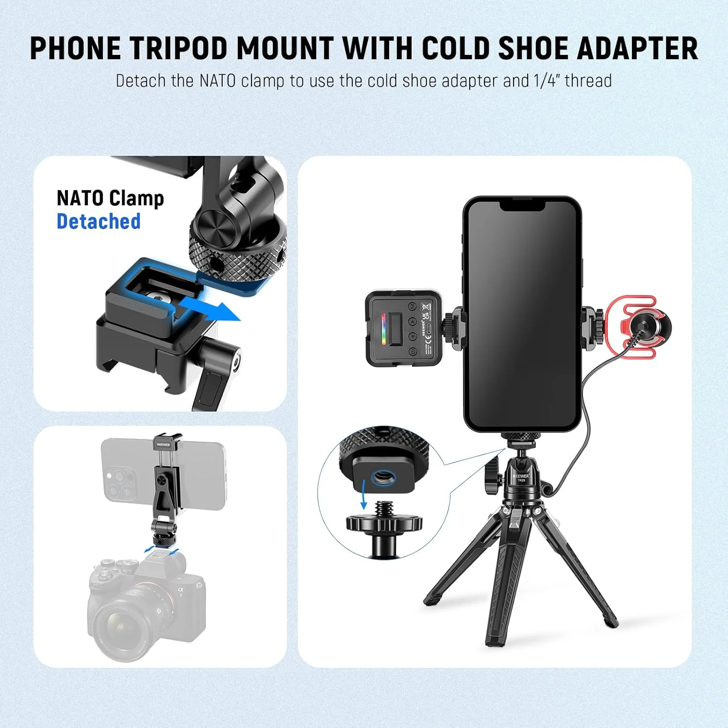 نگهدارنده سه پایه گوشی نیور با گیره ناتو، کفشک سرد، چرخش 180 درجه، چرخش 360 درجه، پارچه تمیز کننده، گیره فلزی قابل تنظیم گوشی سازگار با قفس SmallRig آیفون 16 S24 Ultra DJI RS4، GA010
