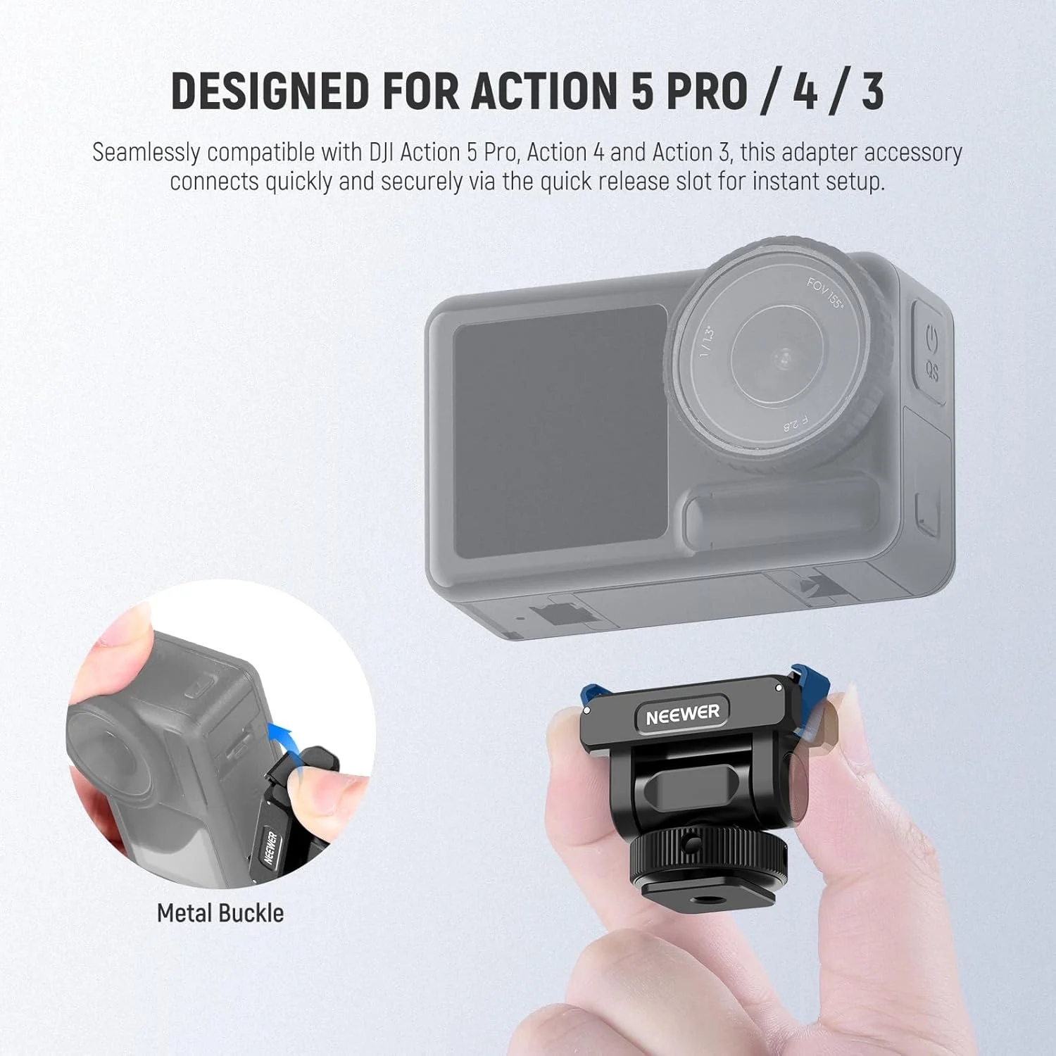 آداپتور مغناطیسی نیوور سازگار با DJI Osmo Action 5 Pro / 4/3، پایه دوربین اکشن با قابلیت رهاسازی سریع و چرخش 160 درجه، دارای کفشک سرد، رزوه 1/4 اینچی و پارچه تمیز کننده، AC012