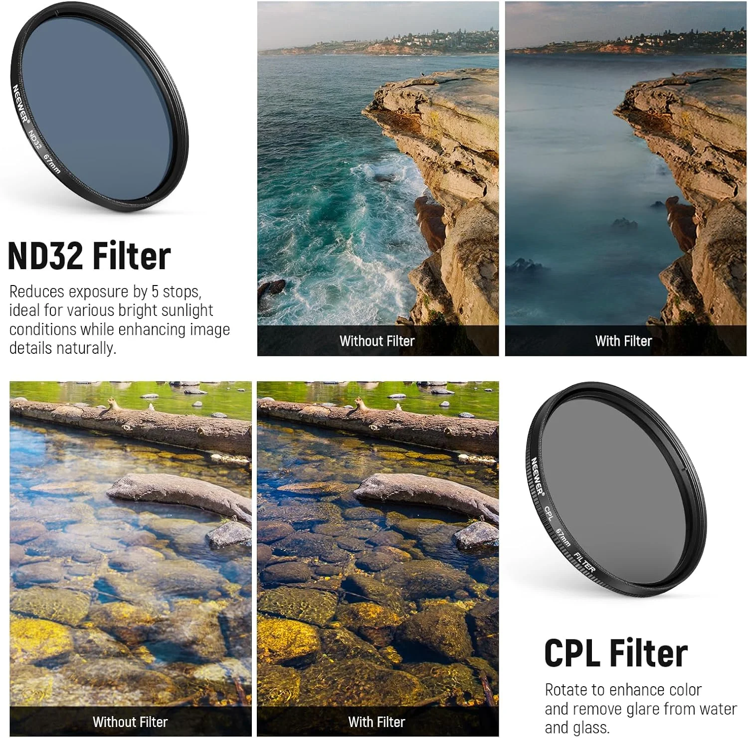مجموعه فیلتر ND هفت عددی 67 میلی‌متری NEEWER سازگار با گوشی‌های اندروید سامسونگ گوگل هواوی شیائومی، گیره CPL+ ND32 + Starlight + GND (قرمز/نارنجی/زرد/آبی)، کیت لوازم جانبی عکاسی با کیف، FL-P14