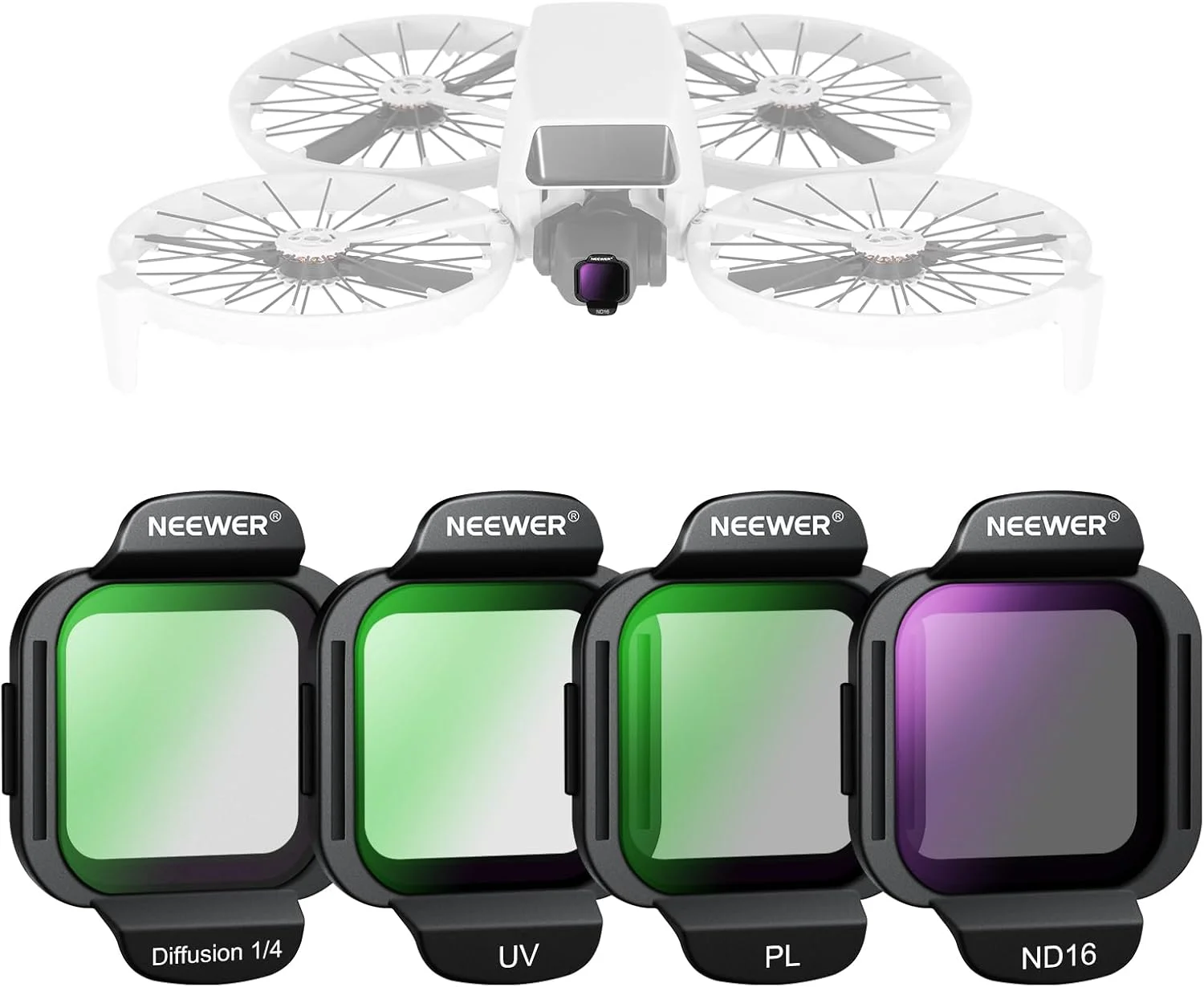مجموعه 4 عددی فیلترهای DJI Flip Drone شامل ND16، PL، UV، Black Diffusion 1/4 با نصب آسان و شیشه اپتیکال HD چندلایه