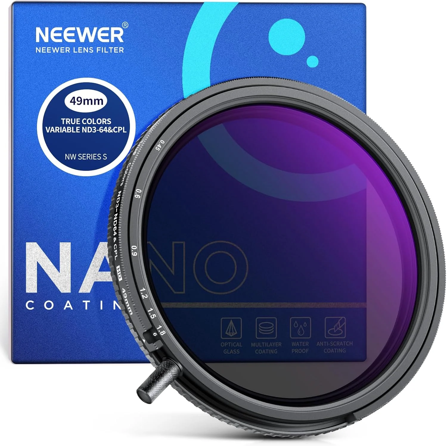 فیلتر ND و CPL متغیر 49 میلی‌متری NEEWER با رنگ‌های واقعی و اهرم تنظیم، ND3-64 (1.5-6 استاپ)، فیلتر تراکم خنثی 2 در 1 و CPL قابل تنظیم، شیشه اپتیکال چند لایه HD / فریم آلومینیومی / مقاوم در برابر خش