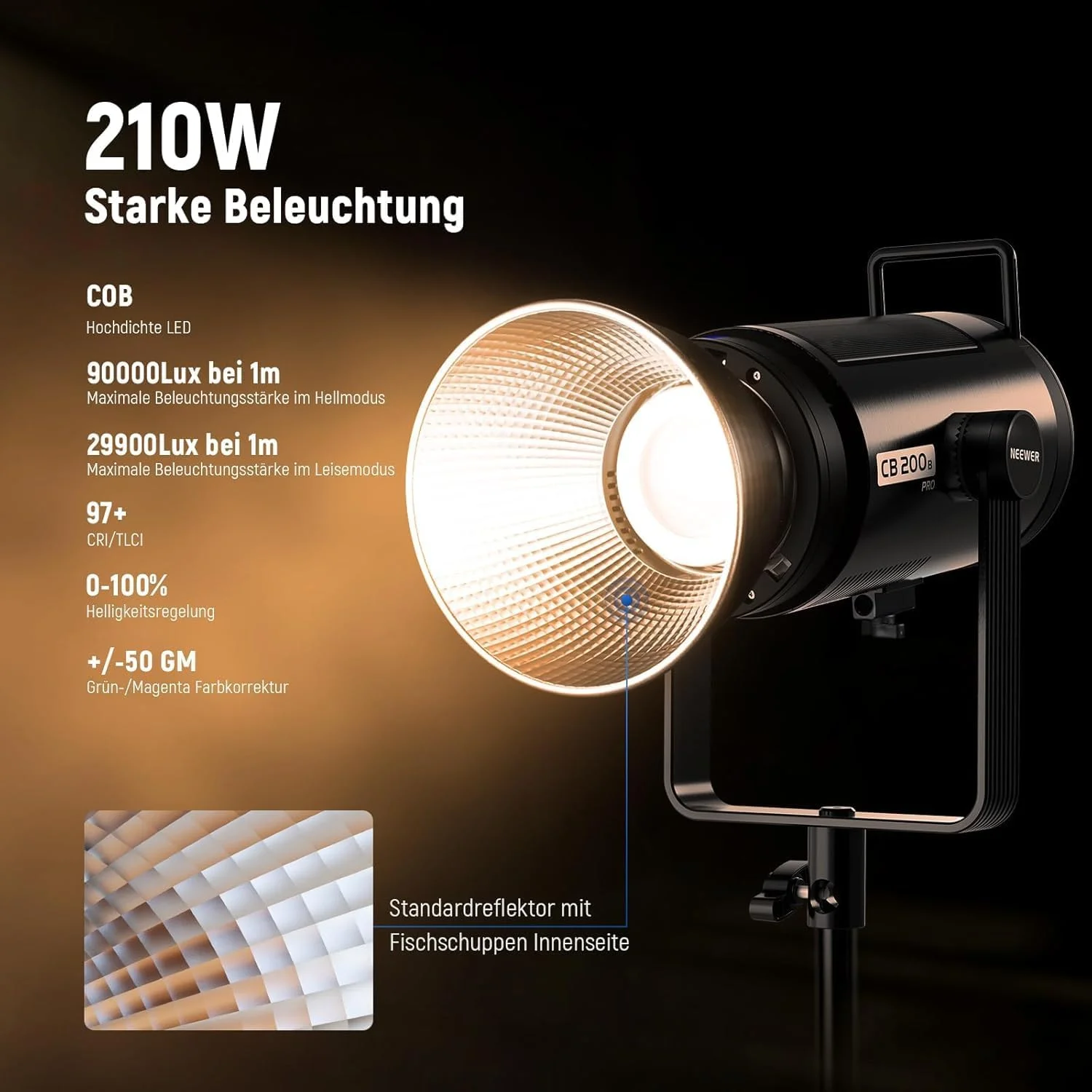 نور ویدئویی ال ای دی 210 وات COB نیور با نور پیوسته دو رنگه 2700K-6500K با قابلیت کنترل 2.4G/App برای عکاسی استودیویی با مانت بوئنز، 90000 لوکس/1 متر، CRI/TLCI97+، GM ±50، مدل CB200B PRO نور ویدئویی ال ای دی 210 وات COB نیور با نور پیوسته دو رنگه 2700K-6500K با قابلیت کنترل 2.4G/App برای عکاسی استودیویی با مانت بوئنز، 90000 لوکس/1 متر، CRI/TLCI97+، GM ±50، مدل CB200B PRO