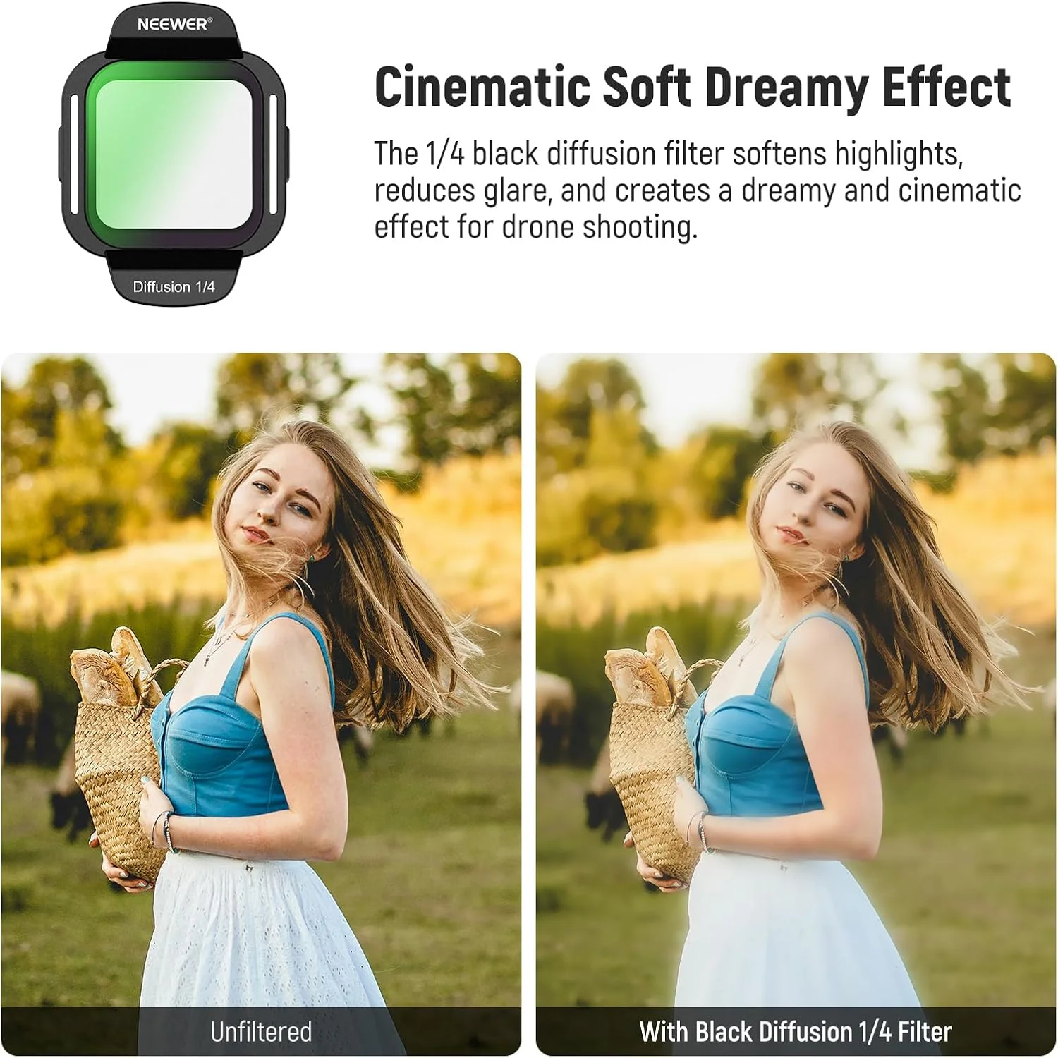 مجموعه 4 عددی فیلترهای DJI Flip Drone شامل ND16، PL، UV، Black Diffusion 1/4 با نصب آسان و شیشه اپتیکال HD چندلایه