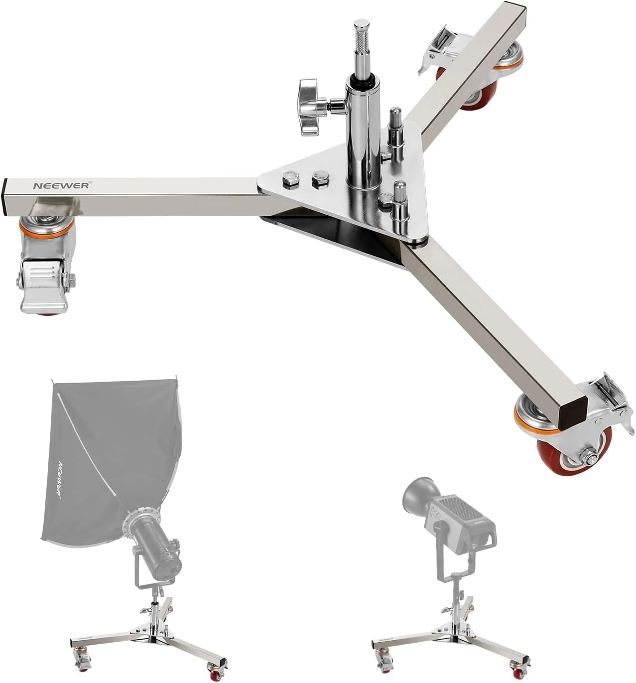 پایه نور استیل ضد زنگ سنگین نیور با آداپتور Junior به Baby برای نور فلاش ویدیویی تک نور عکاسی، پایه چرخ دار مناسب برای ستون مرکزی C Stand 1-1/8 اینچی (28 میلی متر)، بار 75 کیلوگرم