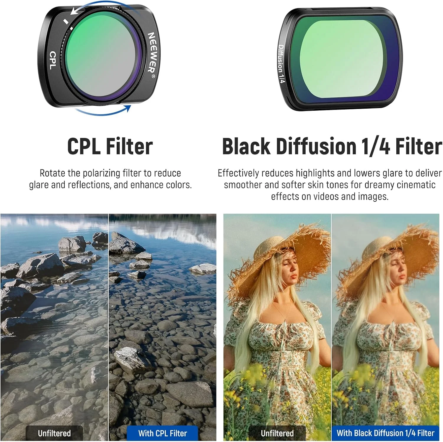 فیلتر متغیر ND + CPL + Black Diffusion 1/4 نیور، سازگار با لوازم جانبی DJI Osmo Pocket 3 Creator Combo، ND2-32، فیلتر HD چند لایه با 2 محافظ صفحه نمایش و 2 پارچه تمیز کننده فیلتر متغیر ND + CPL + Black Diffusion 1/4 نیور، سازگار با لوازم جانبی DJI Osmo Pocket 3 Creator Combo، ND2-32، فیلتر HD چند لایه با 2 محافظ صفحه نمایش و 2 پارچه تمیز کننده