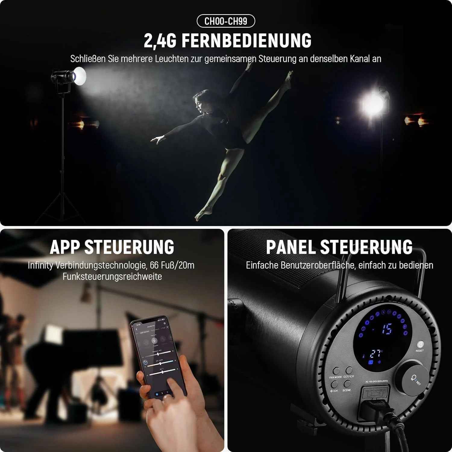 نور ویدئویی ال ای دی 210 وات COB نیور با نور پیوسته دو رنگه 2700K-6500K با قابلیت کنترل 2.4G/App برای عکاسی استودیویی با مانت بوئنز، 90000 لوکس/1 متر، CRI/TLCI97+، GM ±50، مدل CB200B PRO نور ویدئویی ال ای دی 210 وات COB نیور با نور پیوسته دو رنگه 2700K-6500K با قابلیت کنترل 2.4G/App برای عکاسی استودیویی با مانت بوئنز، 90000 لوکس/1 متر، CRI/TLCI97+، GM ±50، مدل CB200B PRO