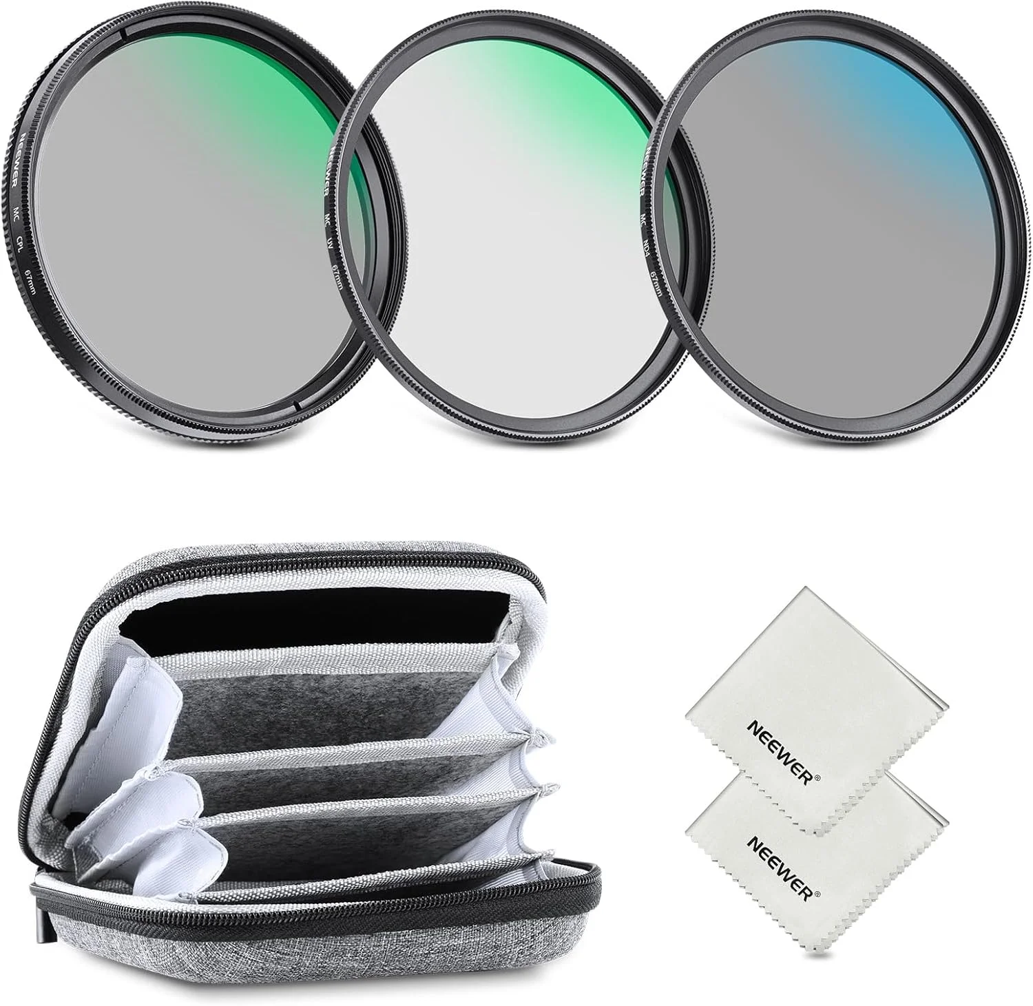 کیت فیلتر لنز 67 میلی‌متری NEEWER با جعبه نگهداری و دستمال تمیزکننده، UV CPL ND4، شیشه اپتیکال چندلایه، فریم آلیاژ آلومینیوم، مجموعه فیلتر تراکم خنثی پلاریزه دایره‌ای برای لنز دوربین
