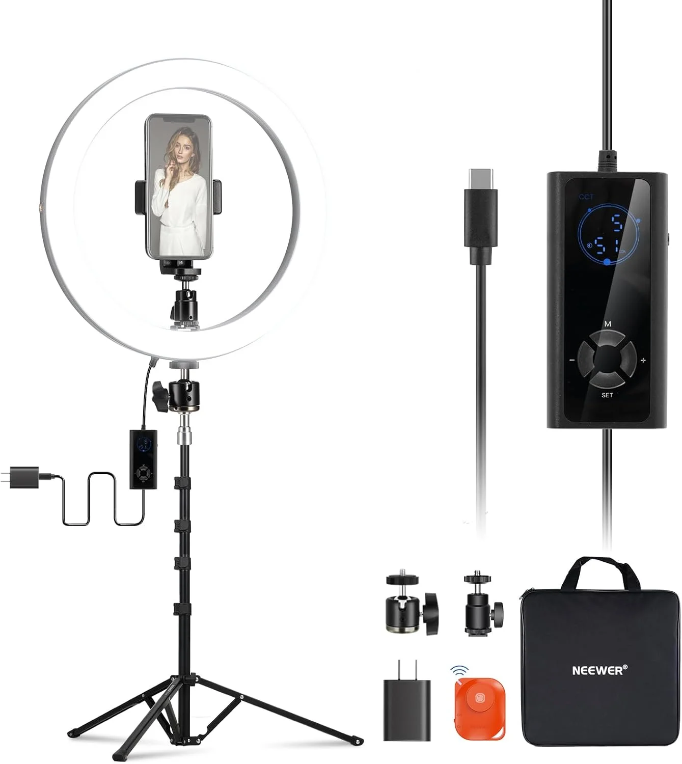 حلقه نور NEEWER برای گوشی 12 اینچ 24 وات LED با پایه 180 سانتی متری، دو رنگ 2900K-7000K، پورت USB C PD، CRI97+ 1810lux/0.5m 12 حالت نوری برای آرایش، استریمینگ، زوم و TikTok، مدل RH12B