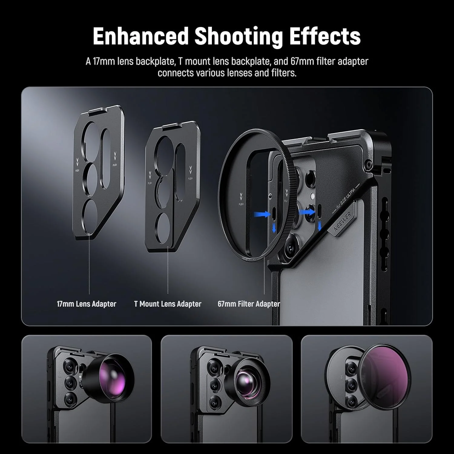 محافظ گوشی NEEWER S25 Ultra مدل PA082، استابلایزر موبایل برای فیلمبرداری به همراه دسته جانبی بلوتوثی PA045E، آداپتور فیلتر 67 میلی‌متری، صفحه پشتی لنز 17 میلی‌متری و مانت T سازگار با Moment