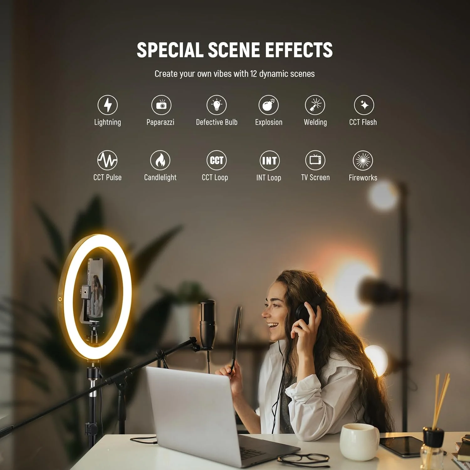 حلقه نور NEEWER برای گوشی 12 اینچ 24 وات LED با پایه 180 سانتی متری، دو رنگ 2900K-7000K، پورت USB C PD، CRI97+ 1810lux/0.5m 12 حالت نوری برای آرایش، استریمینگ، زوم و TikTok، مدل RH12B