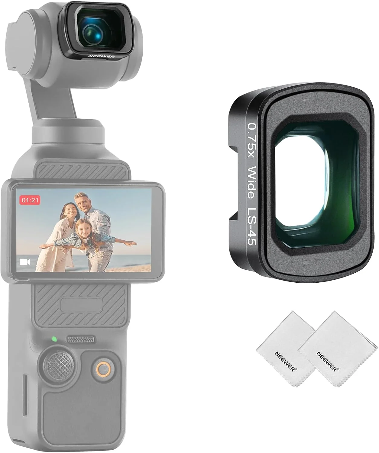 لنز واید 0.75X نیور سازگار با DJI Osmo Pocket 3، لنز آسفریک مغناطیسی چند لایه دوربین اکشن، میدان دید گسترده 108 درجه و 2 عدد دستمال تمیز کننده