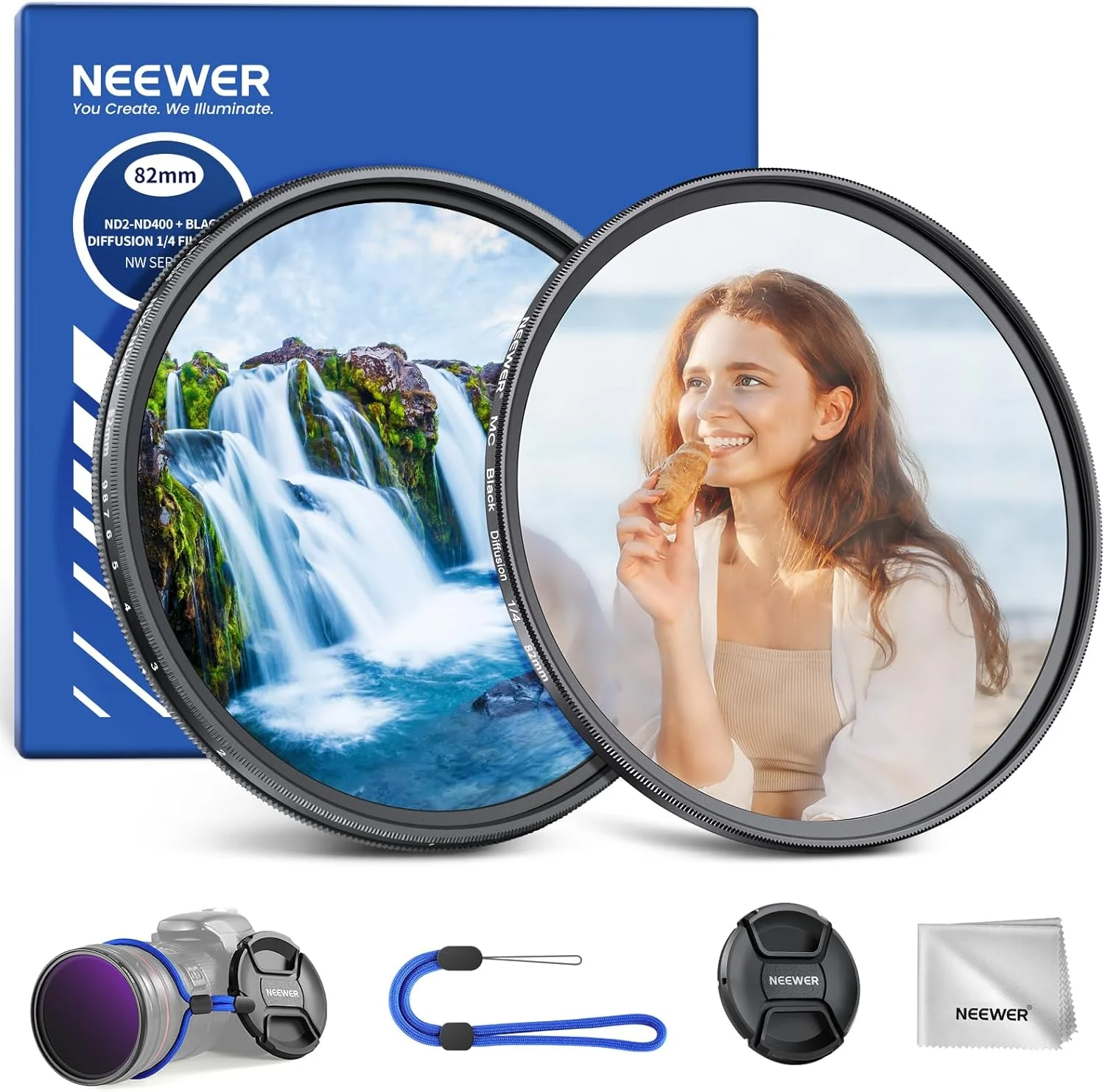 مجموعه فیلتر 82 میلی‌متری ND متغیر و دیفیوژن مه سیاه 1/4 NEEWER، بسته 2 عددی شیشه اپتیکال چندلایه با چگالی خنثی ND2-400 و فیلتر جلوه‌های سینمایی نرم و رویایی برای لنز دوربین