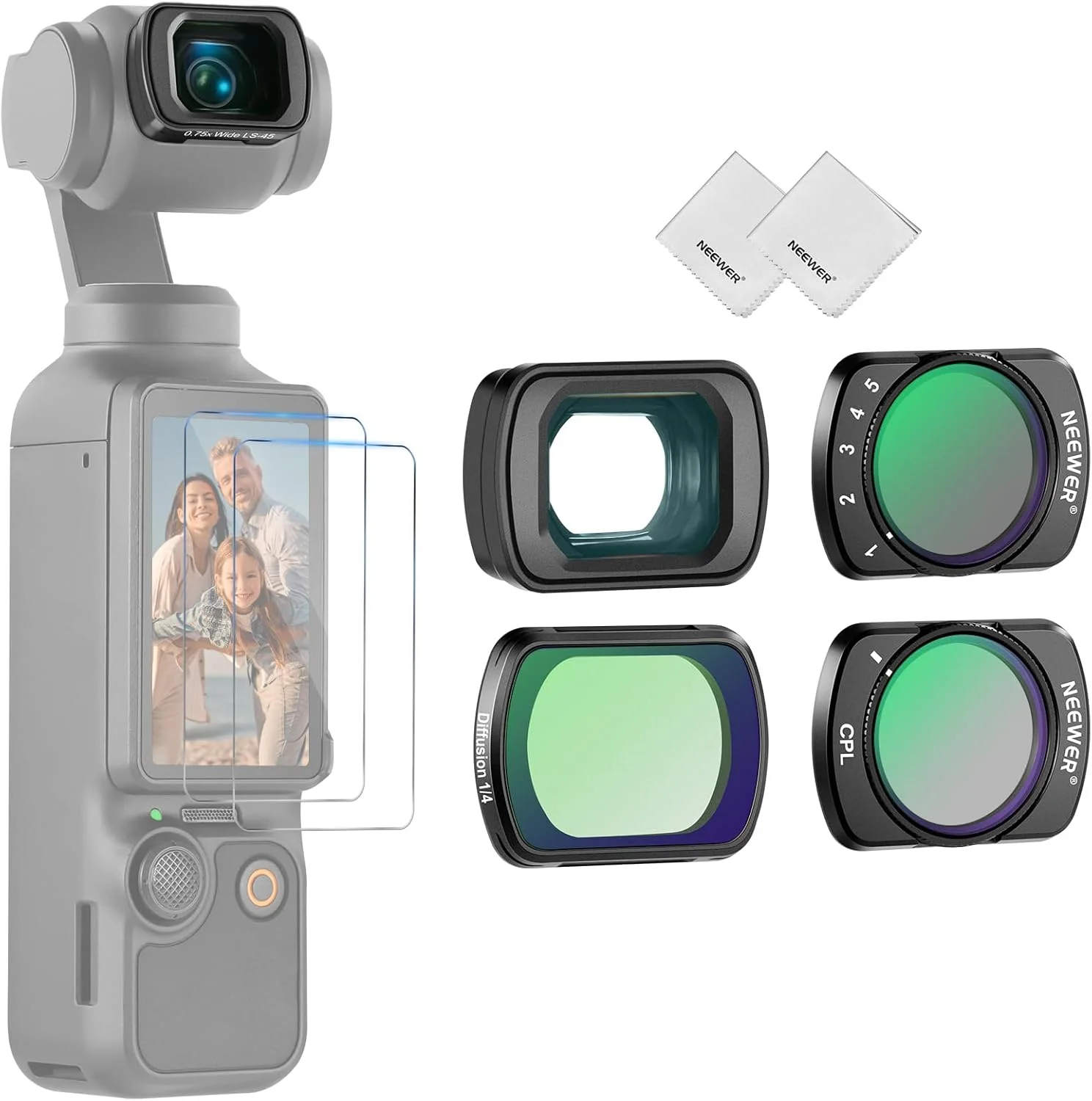 مجموعه فیلتر ND نیور سازگار با لوازم جانبی DJI Osmo Pocket 3 Creator Combo، لنز واید انگل، فیلتر خاکستری متغیر ND2-32، فیلتر پلاریزه CPL، دیفیوژن مشکی 1/4، 2 عدد محافظ صفحه نمایش، 2 عدد