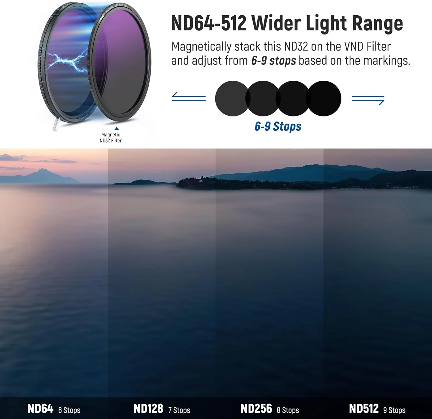 فیلتر ND متغیر 55 میلیمتری Neewer HD با رنگهای واقعی ND2-512 (1 تا 9 استاپ)، فیلتر VND و فیلتر لنز مغناطیسی ND32، فیلتر تراکم خنثی چند لایه، بدون تغییر رنگ/بدون ضربدر X/بدون وینیتینگ فیلتر ND متغیر 55 میلیمتری Neewer HD با رنگهای واقعی ND2-512 (1 تا 9 استاپ)، فیلتر VND و فیلتر لنز مغناطیسی ND32، فیلتر تراکم خنثی چند لایه، بدون تغییر رنگ/بدون ضربدر X/بدون وینیتینگ