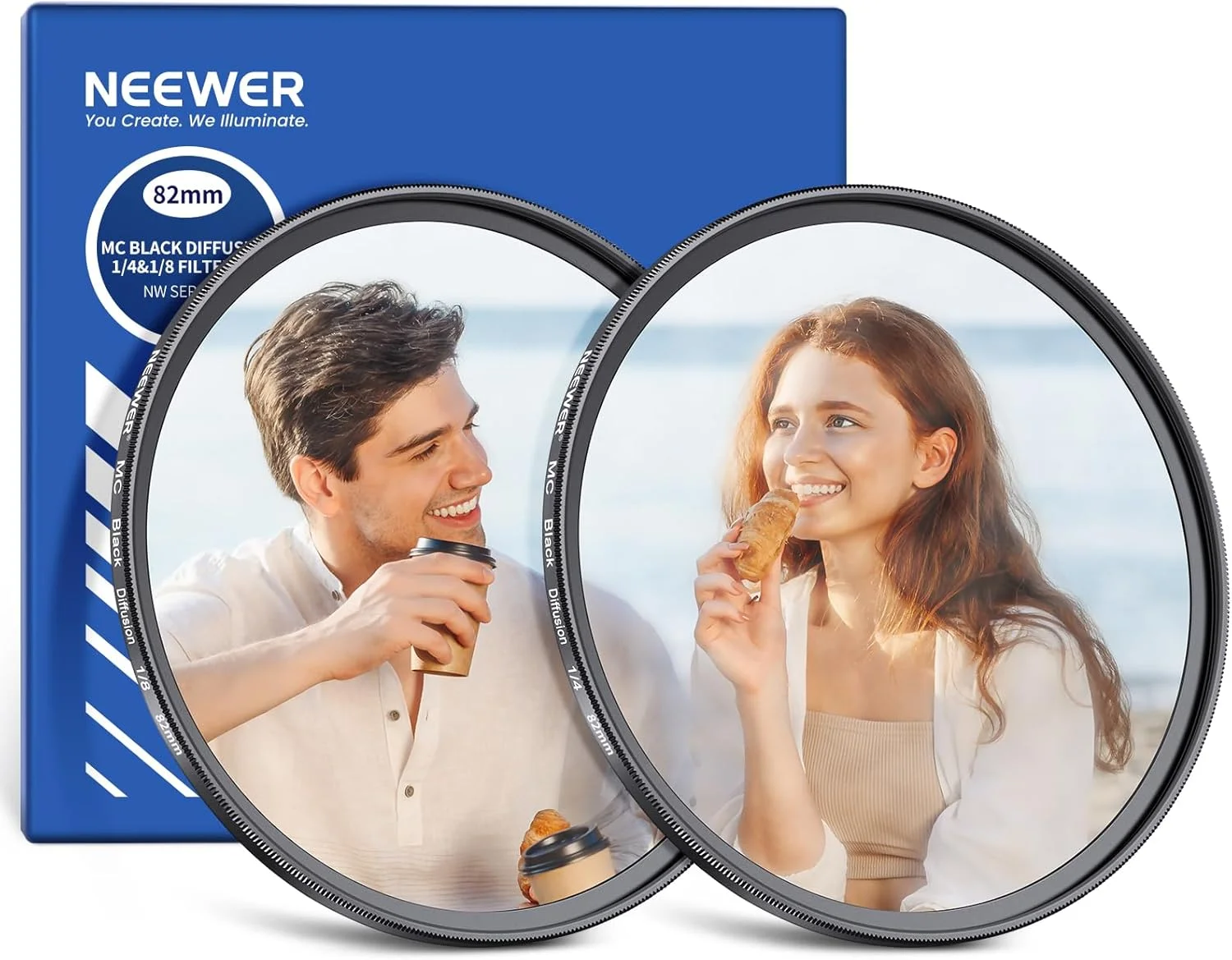 مجموعه دو عددی فیلتر لنز دوربین Neewer 82mm با پخش کننده سیاه 1/4 و 1/8، فیلتر اثر سینمایی مه آلود مشکی حرفه ای شیشه چند لایه با جعبه نگهداری و پارچه تمیز کننده، برای عکاسی و فیلمبرداری رویایی و مه آلود پرتره