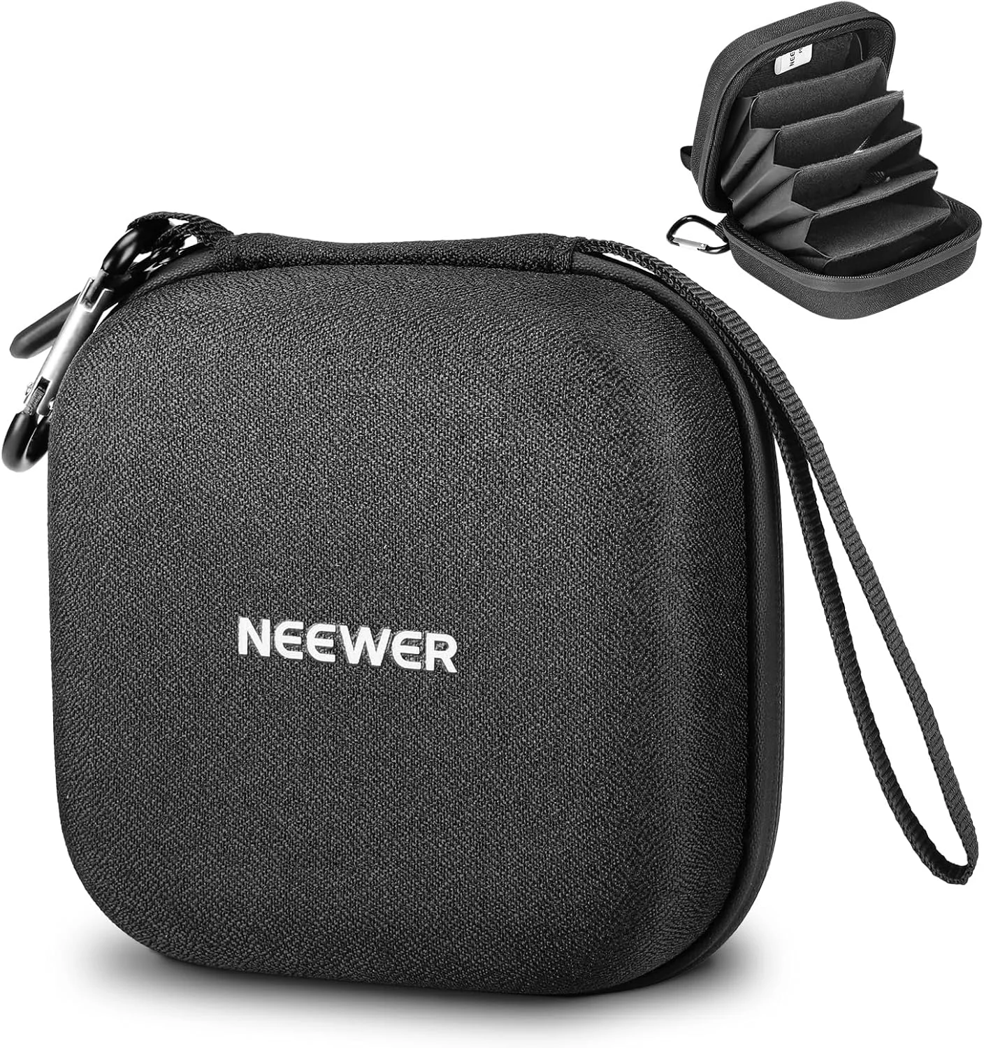 کیف نگهداری فیلتر Neewer PB12 با ابعاد 11x11 سانتی متر، دارای جداکننده های قابل تنظیم، بند مچی و کارابین برای 6 فیلتر دایره ای 86 میلی متری
