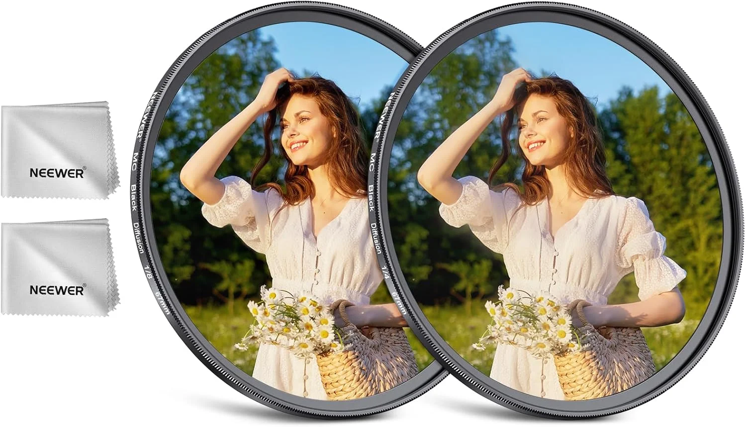 مجموعه فیلتر لنز دوربین مه سیاه NEEWER 67mm 1/4 و 1/8 (بسته 2 عددی)، فیلتر جلوه سینمایی رویایی شیشه ای چند لایه با جعبه نگهداری و 2 عدد پارچه تمیز کننده برای عکاسی پرتره و فیلمبرداری