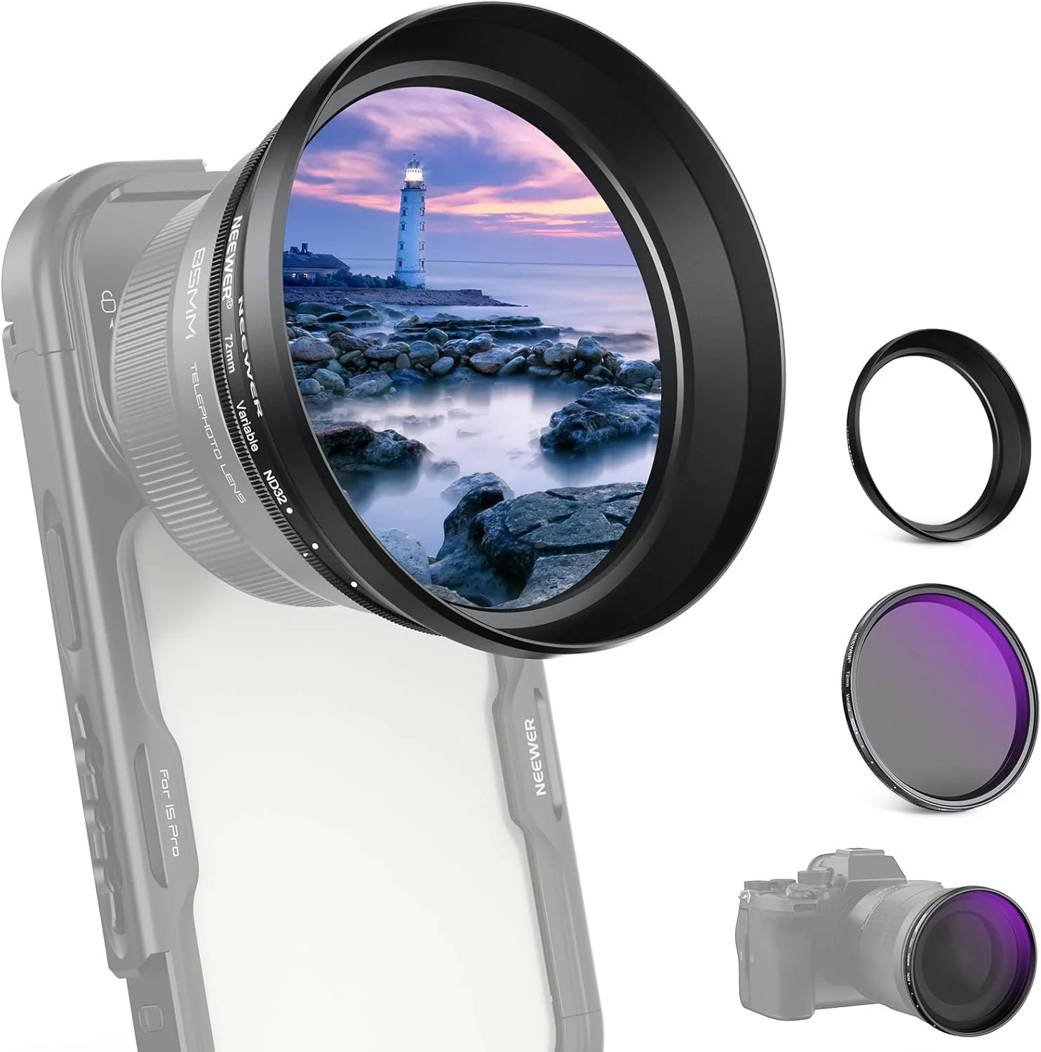فیلتر ND متغیر 72 میلی‌متری NEEWER با هود لنز 77 میلی‌متری، فیلتر چگالی خنثی قابل تنظیم ND2-32 1-5 استاپ برای لنز تله‌فوتو 85 میلی‌متری تلفن NEEWER و لنز دوربین 72 میلی‌متری، FL-99