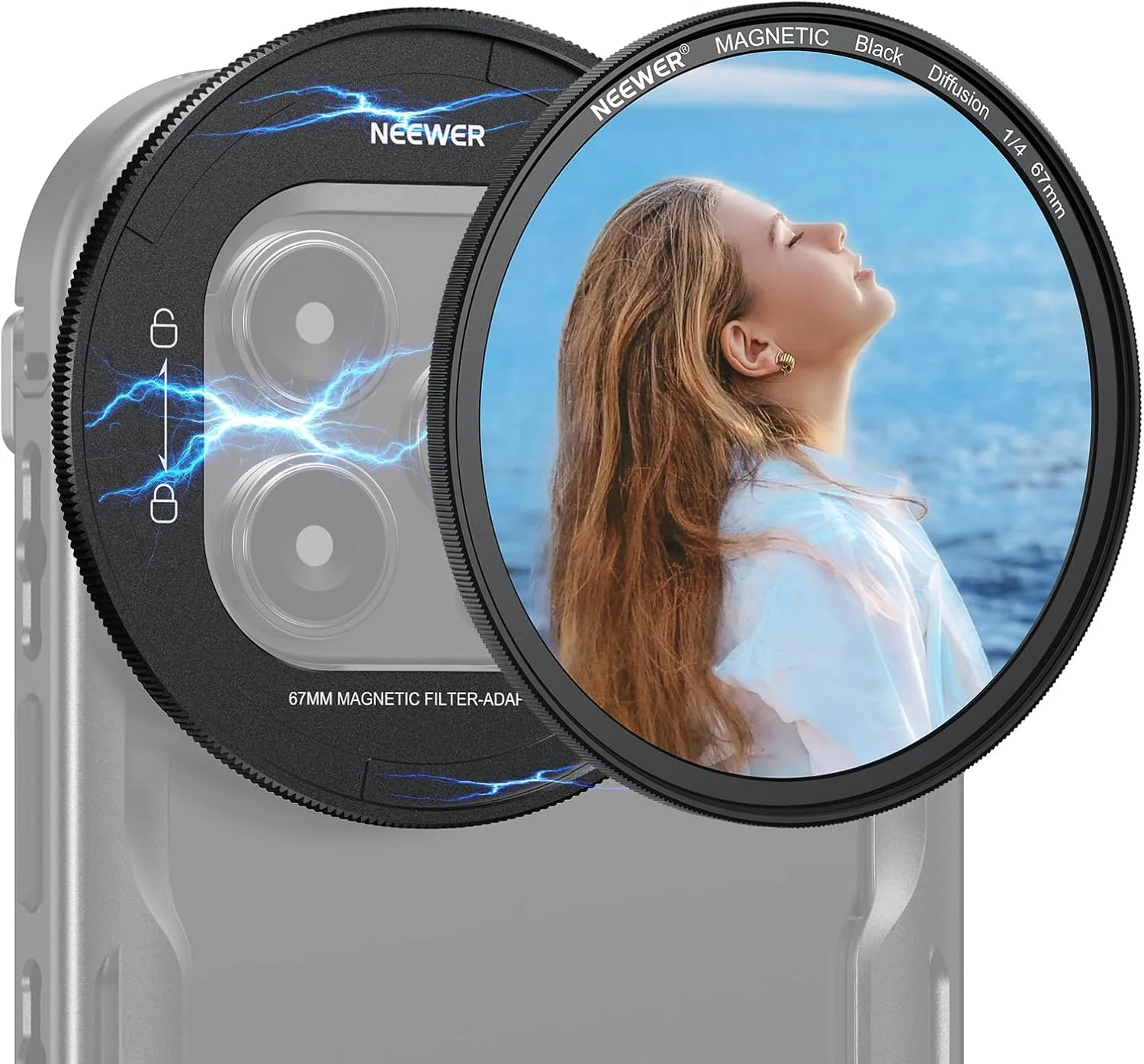 مجموعه فیلتر مه سیاه مغناطیسی 67 میلی‌متری NEEWER 1/4، HD چندلایه با آداپتور صفحه پشتی فیلتر مغناطیسی، سازگار با قفس فیلمبرداری آیفون 16 پرو/16 پرو مکس (PA073/PA074)