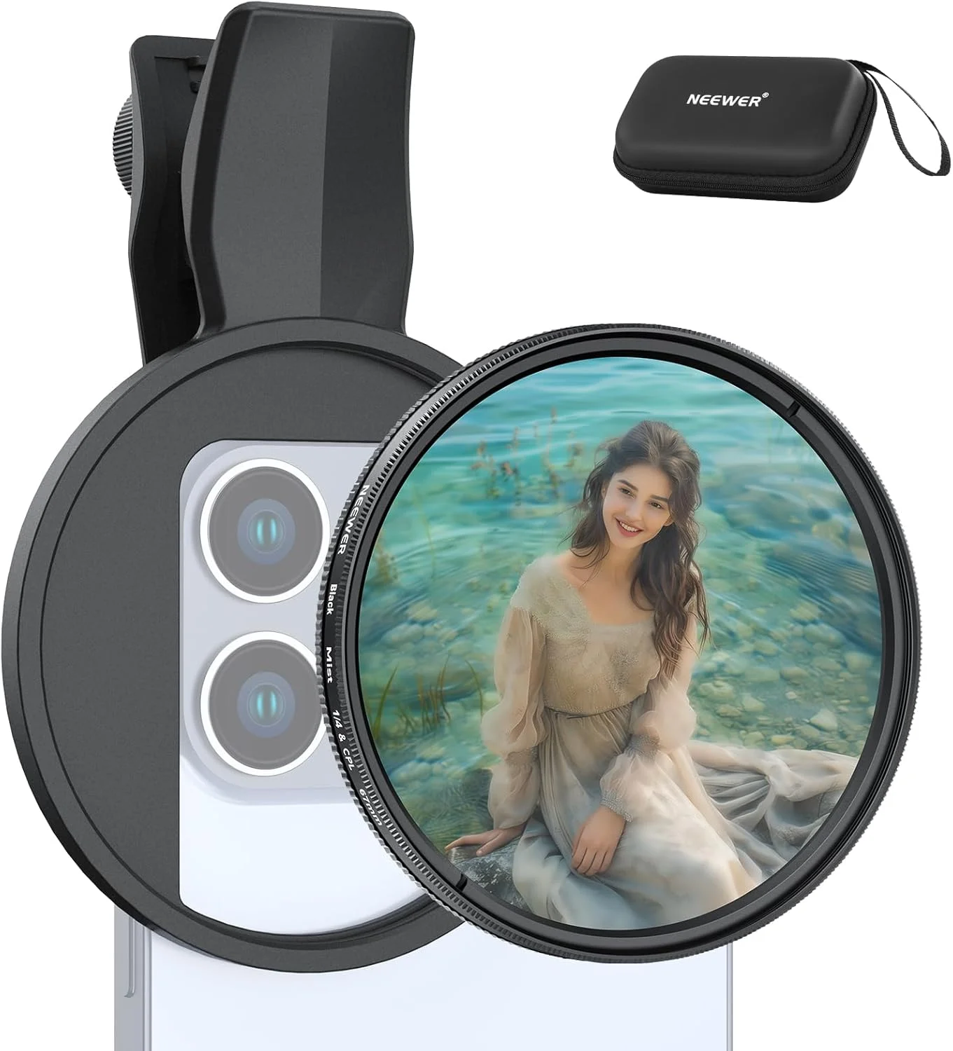 فیلتر CPL 67 میلی‌متری 2 در 1 NEEWER و دیفیوزر مشکی 1/4 گیره‌ای سازگار با آیفون 16، 15 پرو مکس پلاس 16e، 14، 13 مینی 12، پلاریزه دایره‌ای برای لنز تلفن، کیت لوازم جانبی عکاسی، FL-B35