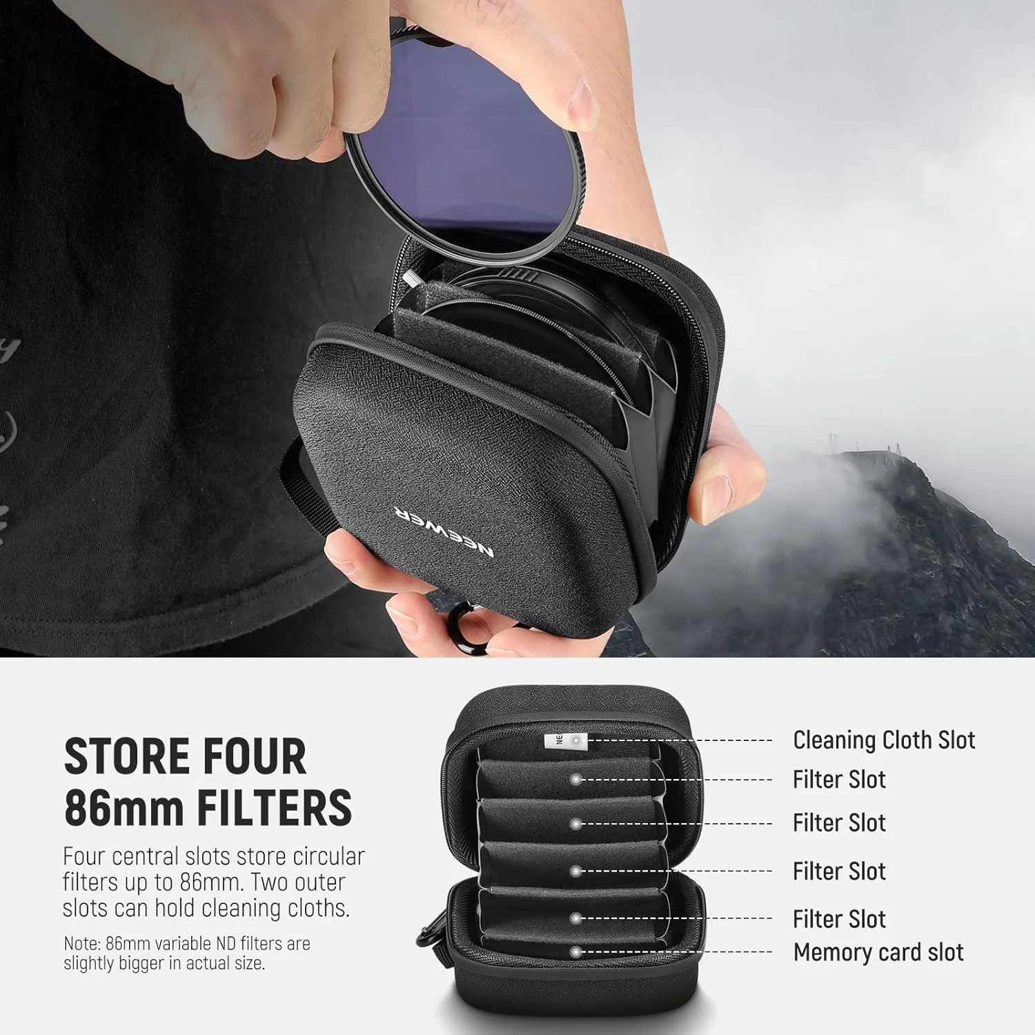 کیف نگهداری فیلتر Neewer PB12 با ابعاد 11x11 سانتی متر، دارای جداکننده های قابل تنظیم، بند مچی و کارابین برای 6 فیلتر دایره ای 86 میلی متری کیف نگهداری فیلتر Neewer PB12 با ابعاد 11x11 سانتی متر، دارای جداکننده های قابل تنظیم، بند مچی و کارابین برای 6 فیلتر دایره ای 86 میلی متری