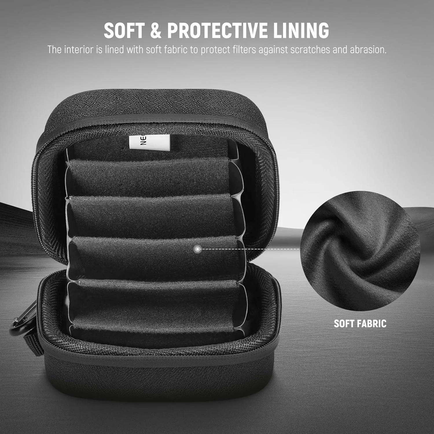 کیف نگهداری فیلتر Neewer PB12 با ابعاد 11x11 سانتی متر، دارای جداکننده های قابل تنظیم، بند مچی و کارابین برای 6 فیلتر دایره ای 86 میلی متری کیف نگهداری فیلتر Neewer PB12 با ابعاد 11x11 سانتی متر، دارای جداکننده های قابل تنظیم، بند مچی و کارابین برای 6 فیلتر دایره ای 86 میلی متری