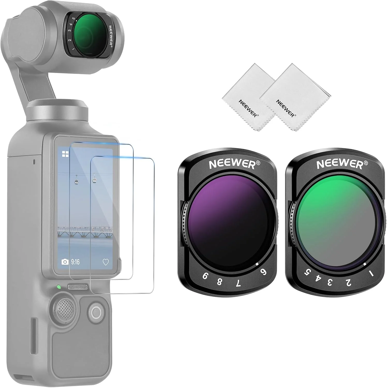 مجموعه فیلتر متغیر ND نیوئر سازگار با لوازم جانبی DJI Osmo Pocket 3 Creator Combo، ND2-32، ND64-512، فیلترهای چگالی خنثی HD با توقف محدود، 2 عدد محافظ صفحه نمایش، 2 عدد پارچه تمیز کننده