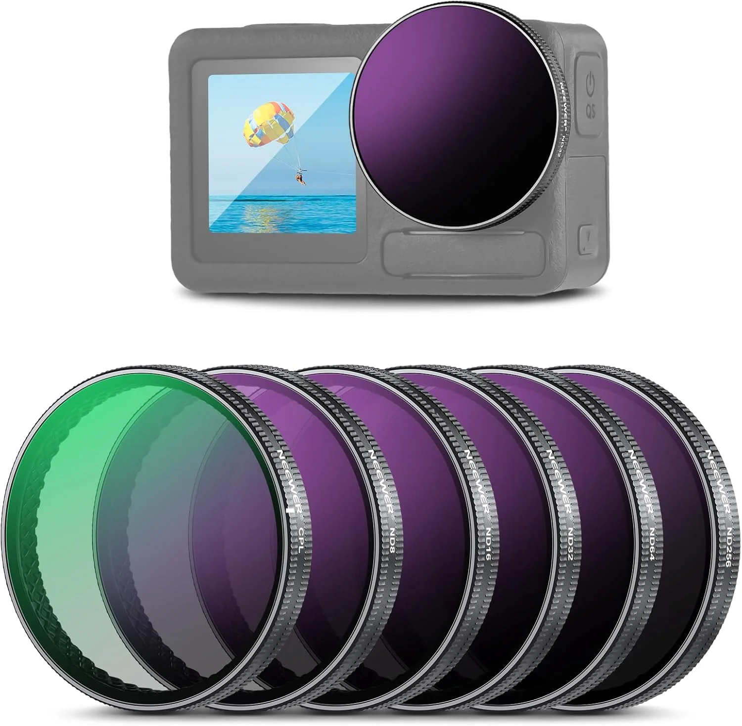 مجموعه فیلتر ND نیور سازگار با DJI Osmo Action 5 Pro/4/3، بسته 6 عددی ND8+ND16+ND32+ND64+ND256+CPL فیلتر پلاریزه با تراکم خنثی، لوازم جانبی دوربین اکشن، شیشه اپتیکال HD چند لایه، FL-A98