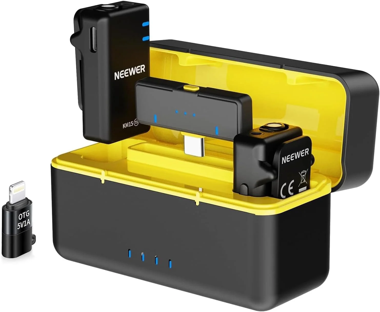 سیستم میکروفون یقه ای بی سیم نیور مدل KM15 سازگار با گوشی های آیفون و اندروید، کامپیوتر، میکروفون کوچک یقه ای USB C با قابلیت حذف نویز، برد 300 متری 48 کیلوهرتز/24 بیت باتری 9 ساعته برای ضبط ویدیو و استریم